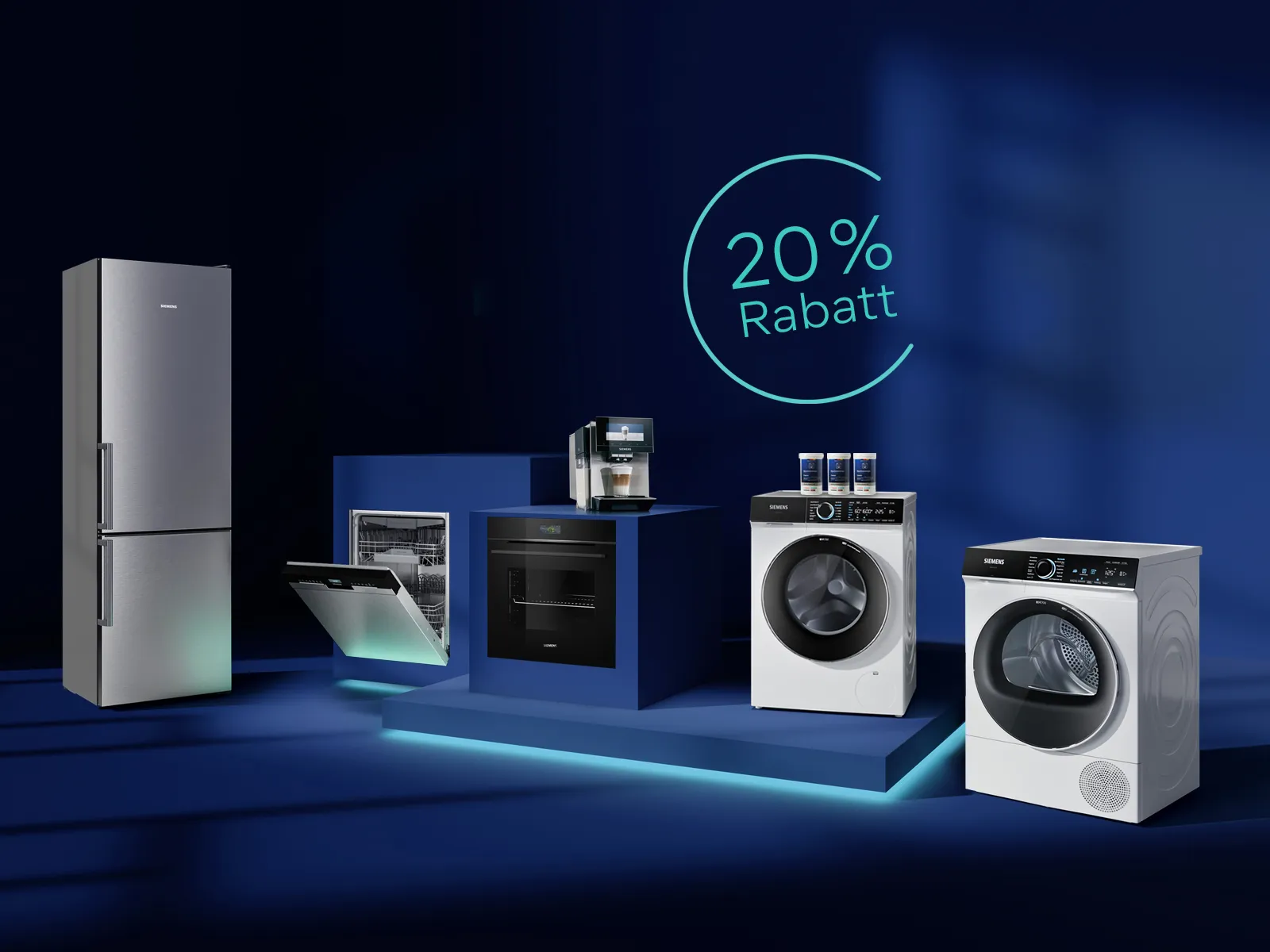 Dunkelblauer Raum mit Hausgeräten von Siemens und dem Hinweis auf die Siemens Days mit 20 % Rabatt im Siemens Online Shop