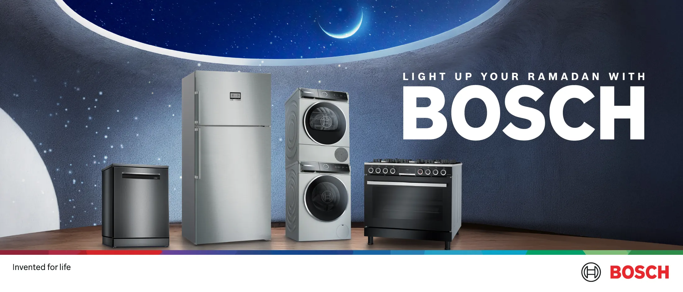 Bosch Ramadan banner with dishwasher, refrigerator, stacked washer/dryer and gas range under a crescent moon; slogan "Light up your Ramadan with BOSCH.