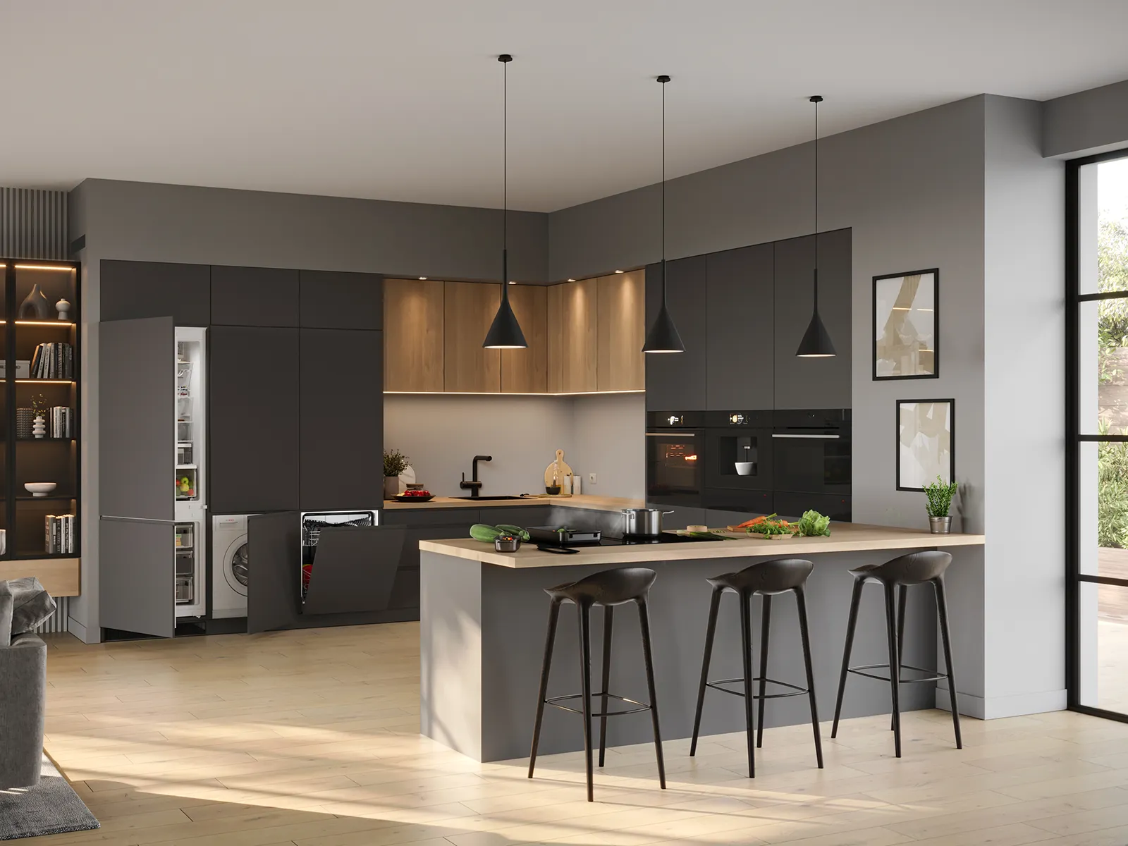 Moderne Küche mit elegantem Design, dunklen Schränken, Holzakzenten, einer Kücheninsel und stylischen Barhockern – helles, luftiges Ambiente.