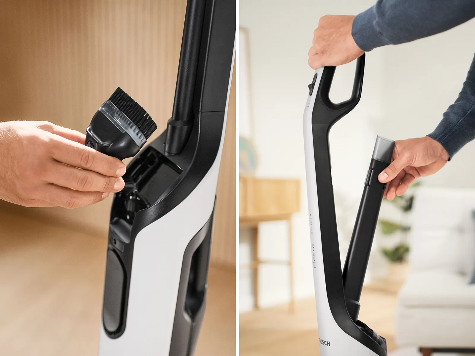 Разделено изображение на безжична прахосмукачка Flexxo с два универсални аксесоара: лявото показва приставката четка, дясно показва накрайника за под; така аксесоарите са винаги лесно достъпни по време на почистване.