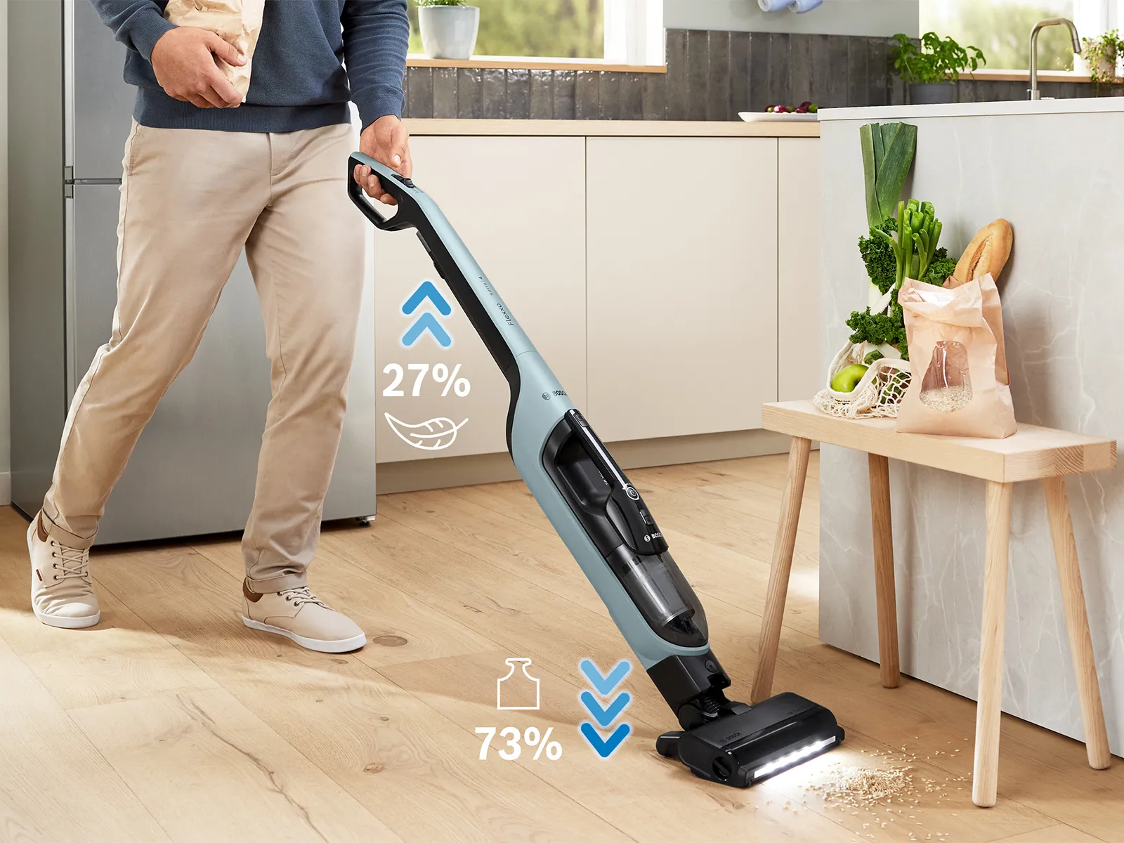 Човек почиства светъл дървен кухненски под с прахосмукачка Flexxo Серия 4; осветена почистваща глава, разпръснати отпадъци и икони, показващи 27% срещу 73%, свързани с разпределението на теглото.
