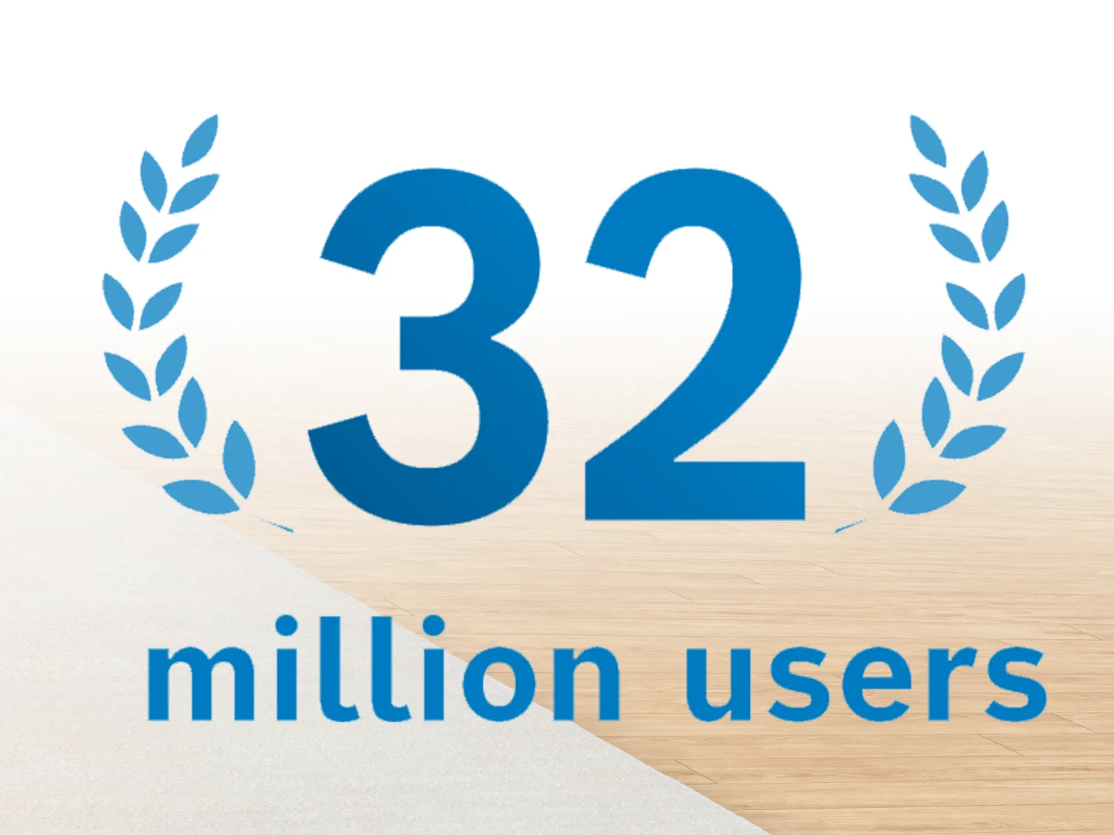 Юбилеен венец с надпис 32 милиона потребители на светъл фон.