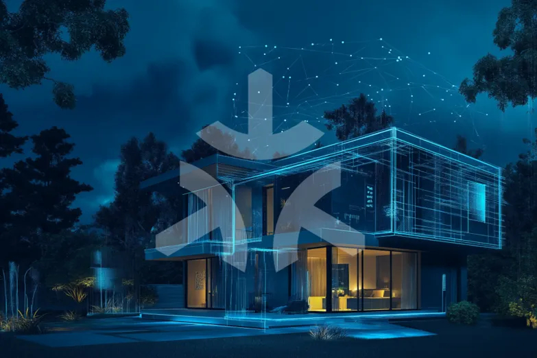 Modern, illuminated smart home with digital connectivity lines against a night sky.