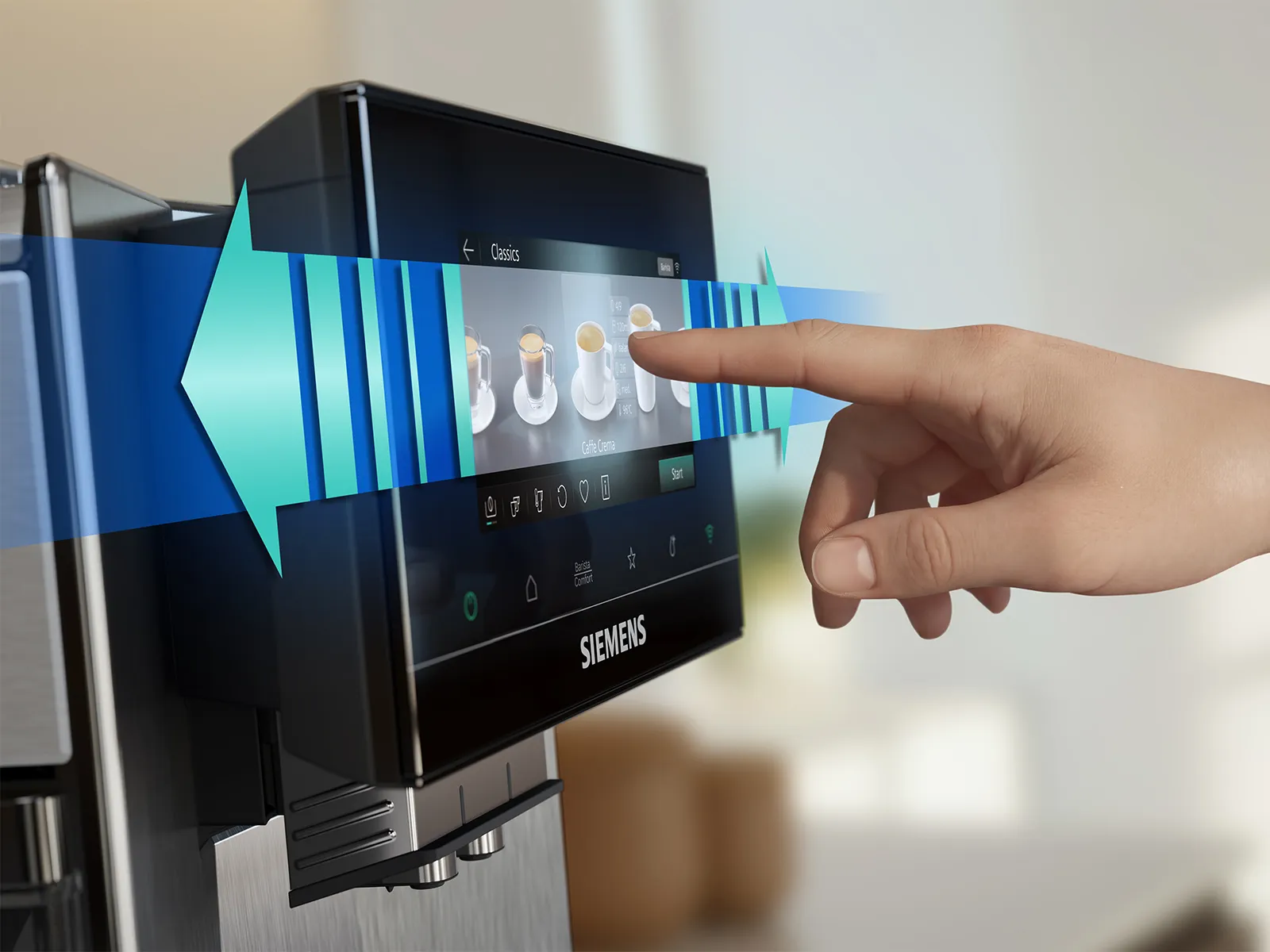 Hand selecting a drink on a Siemens coffee machine touchscreen with espresso and cappuccino icons, swipe cues, and a softly blurred kitchen backdrop.