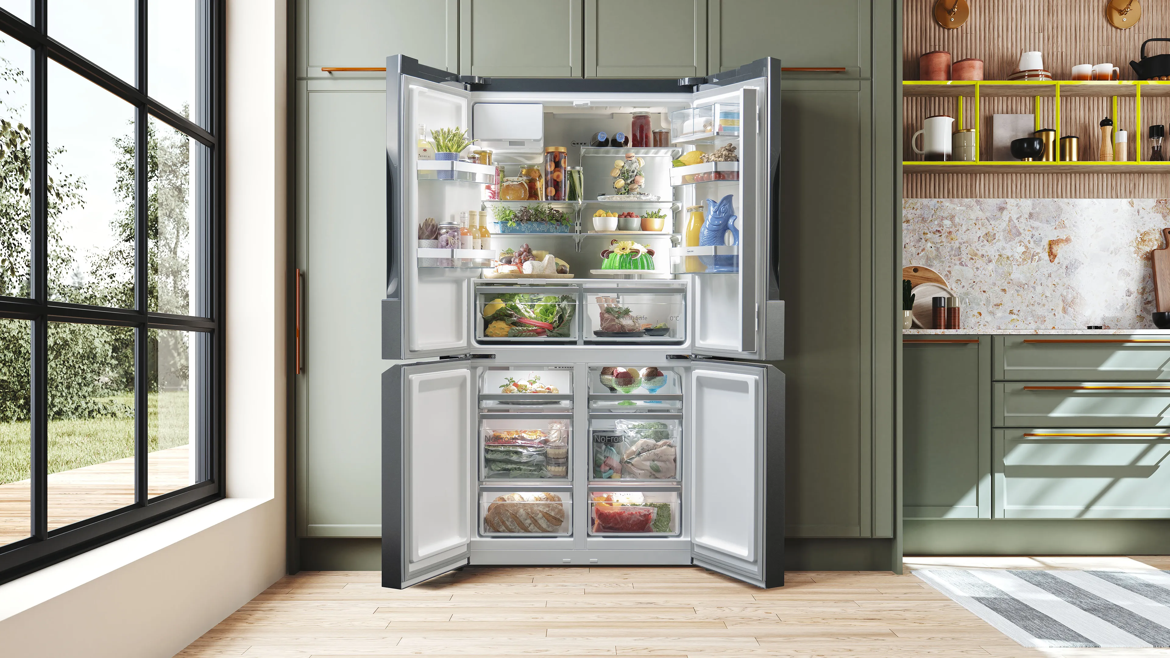 Open NEFF Multi Door refrigerator filled with fresh fruits, vegetables, and groceries in a bright, stylish kitchen.