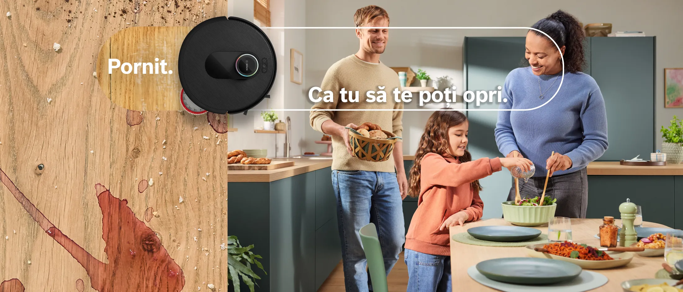 Familia pregătește masa, iar murdăria este vizibilă pe podea; robotul Spotless curăță podeaua.