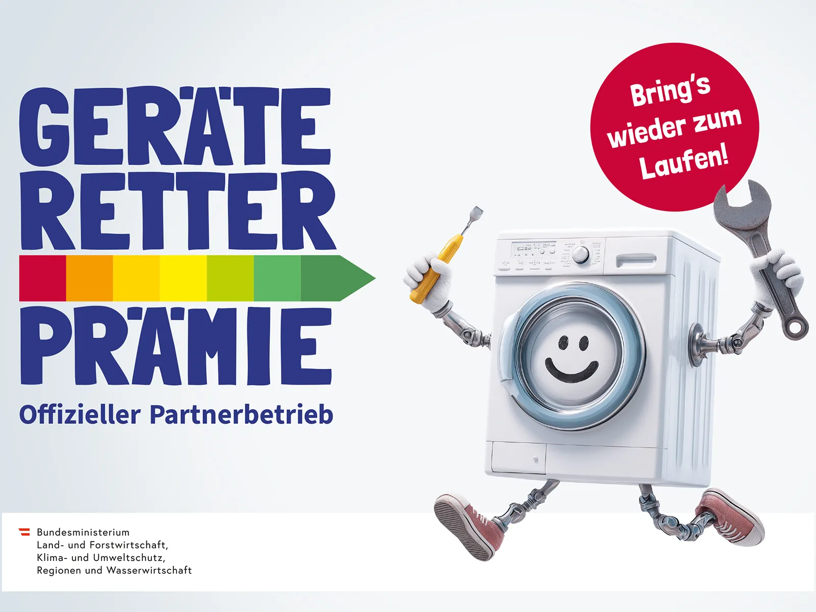 Banner "Geräteretter‑Prämie" mit lächelnder Waschmaschinen‑Roboter, Schraubenschlüssel und Schraubendreher, roter Button und Ministeriumslogo. Für Siemens AT.