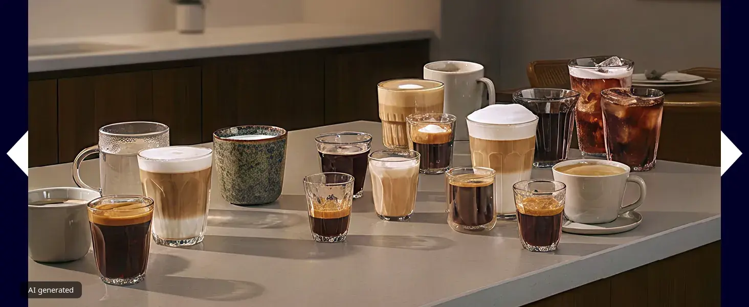 Bir latte, espresso ve cappuccino dahil bir masada kahve içeceklerini nötr bir arka planla.