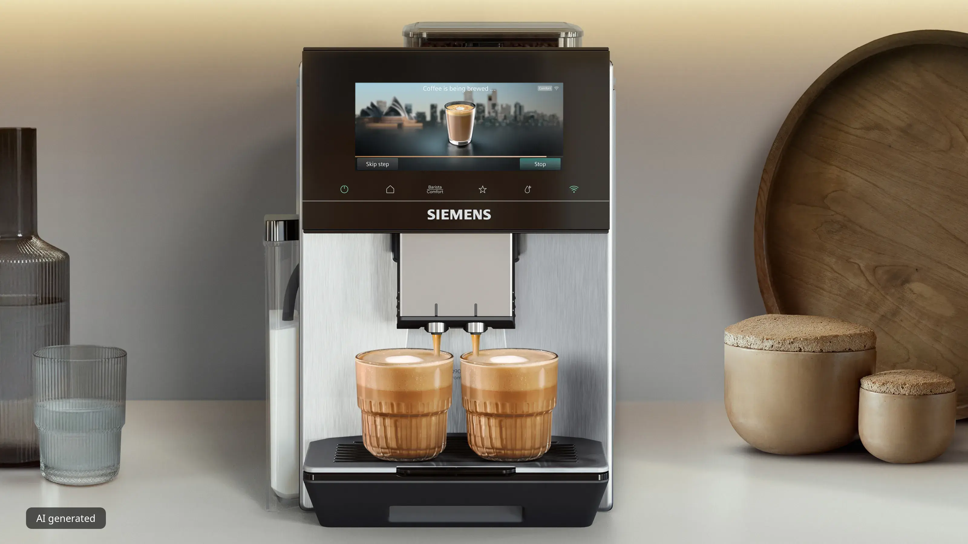 Siemens kahve makinesi bir pencerenin yakınında ahşap bir masada latte'yi parçalıyor.