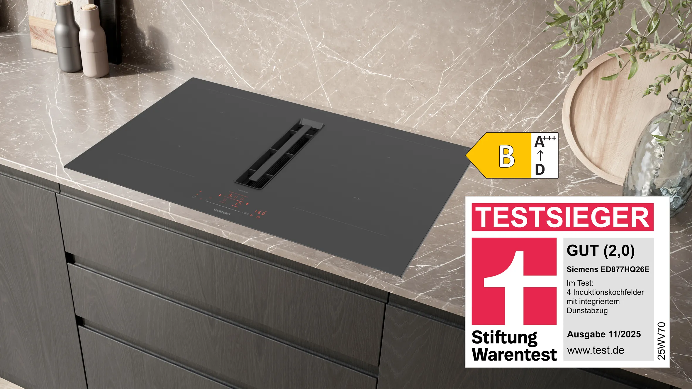 Stiftung Warentest Testsieger Induktionskochfeld mit integriertem Dunstabzug ED877HQ26E