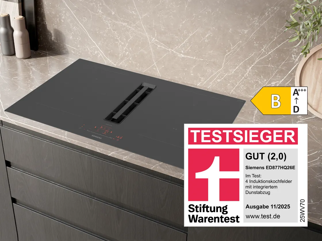 Siemens Induktionskochfeld mit integriertem Dunstabzug ED877HQ26E – Testsieger bei Stiftung Warentest mit dem Qualitätsurteil GUT (2,0), Ausgabe 11/2025