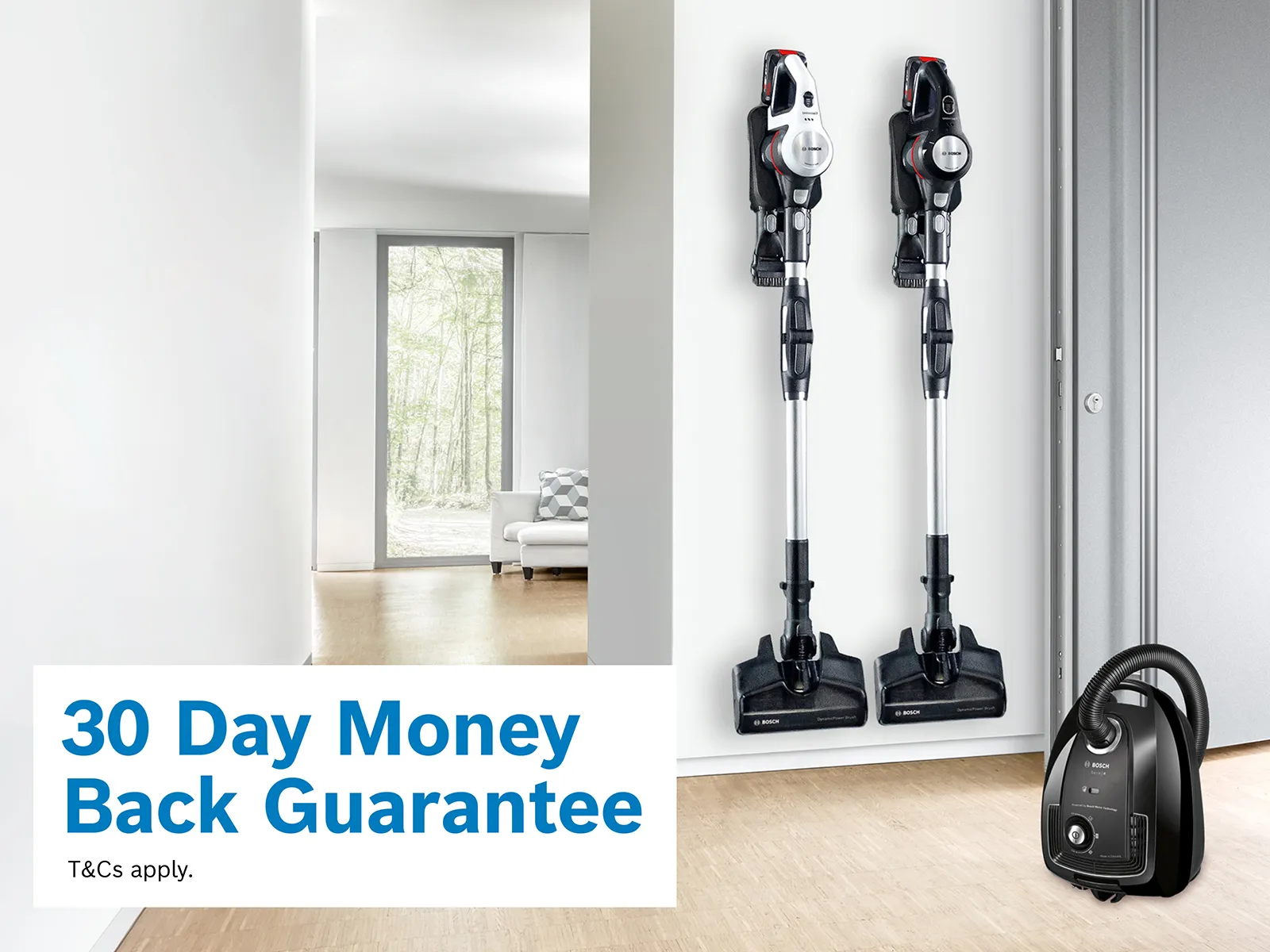 Array of bosch vacuum cleaners with a 30-day money back guarantee call out.