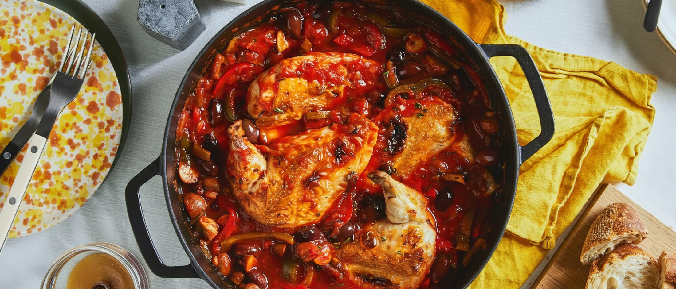 Una padella in ghisa con succulenti pezzi di pollo in una vivace salsa di pomodoro, circondata da verdure e servita con pane su un panno giallo.