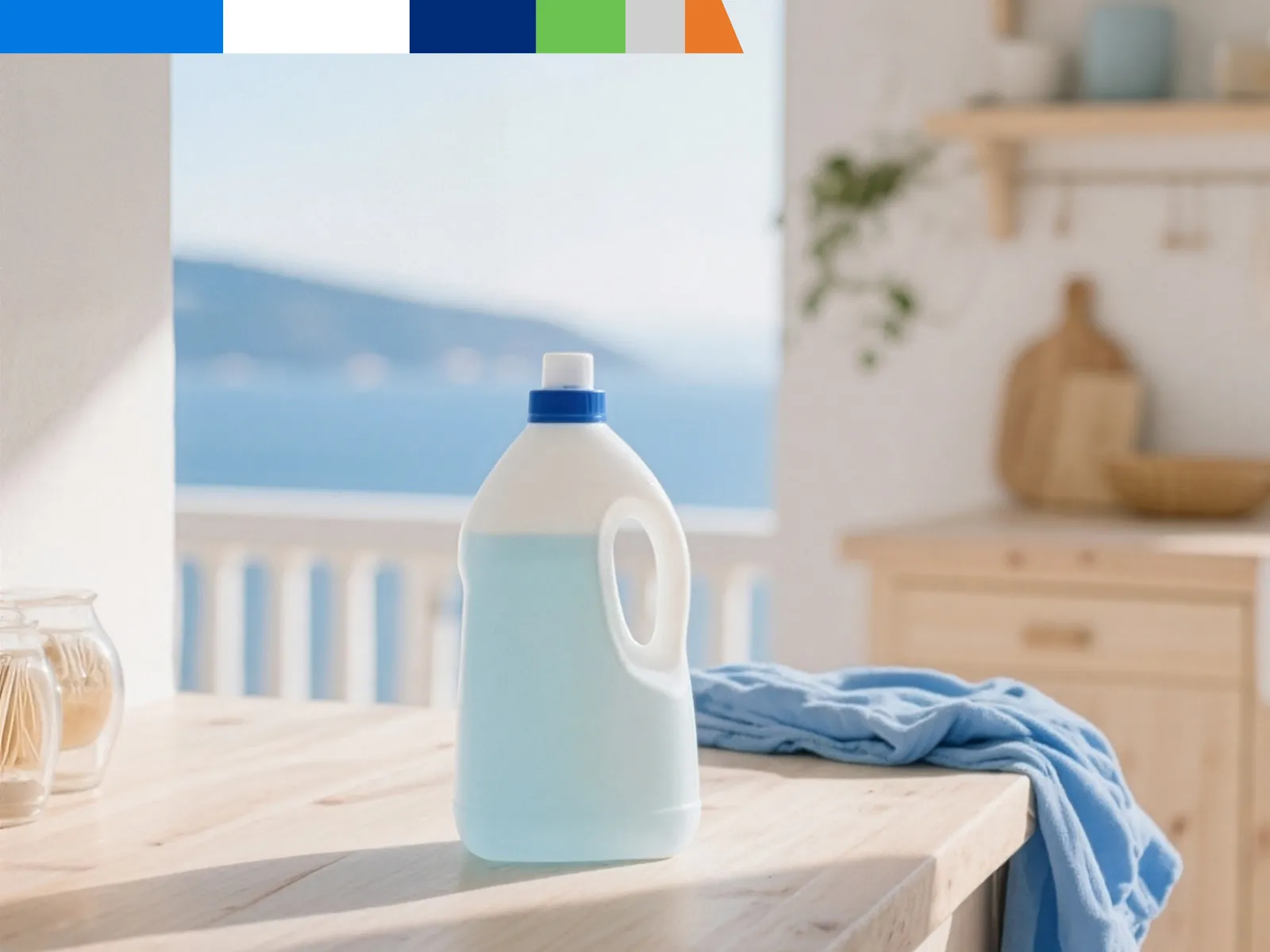 Bote de detergente azul colocado sobre una encimera.