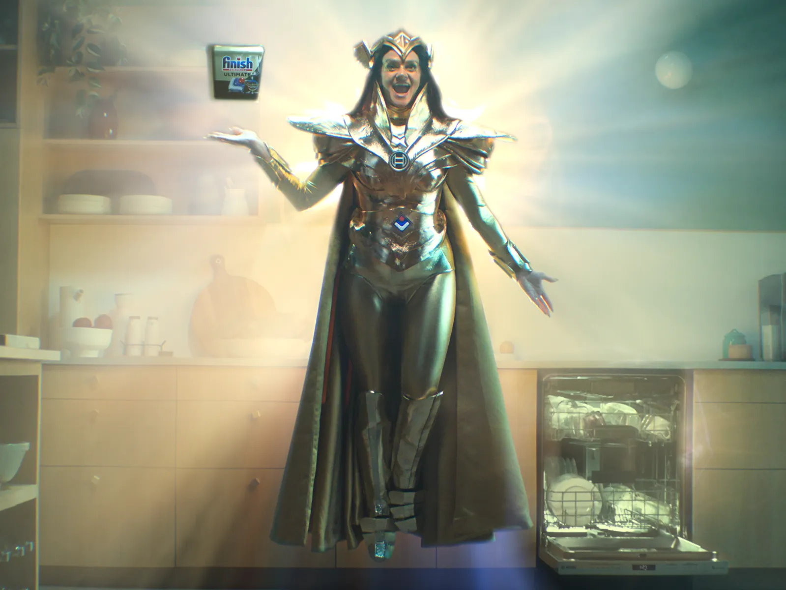 Bosch Superhero with Finish product and opened Bosch dishwasher