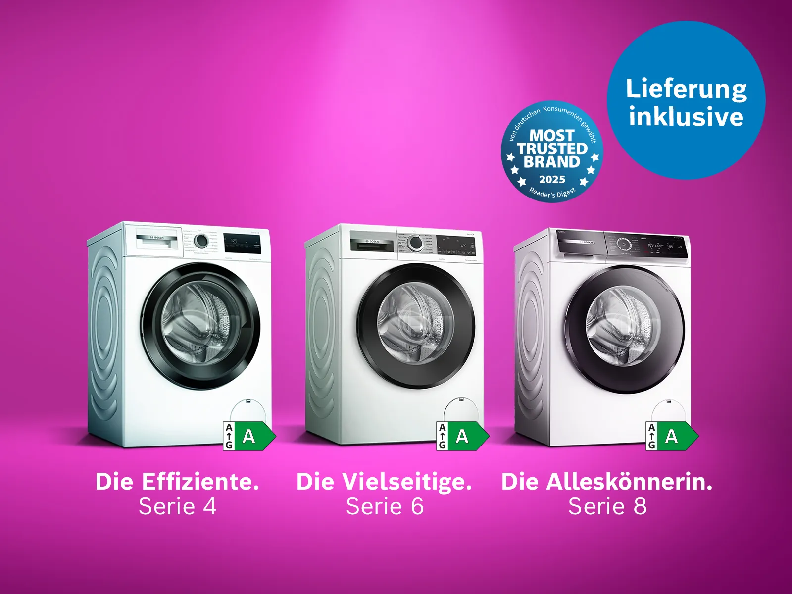 Magenta-farbener Hintergrund, auf dem drei Bosch Waschmaschinen zu sehen sind und der Hinweis auf Kostenlose Lieferung im Bosch Online Shop