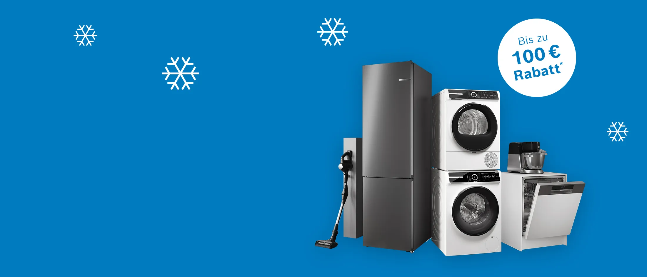 Haushaltsgeräte auf blauem Hintergrund mit Schneeflocken und dem Hinweis, dass es bis zu 100 € Rabatt im Bosch Online Shop gibt 
