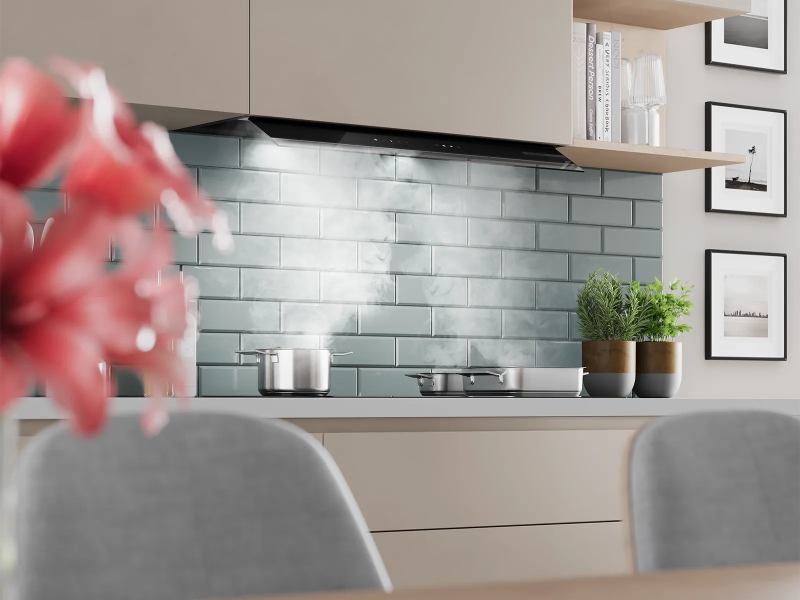 Eine moderne, helle Küche mit einer neuen integrierten Bosch Designhaube.