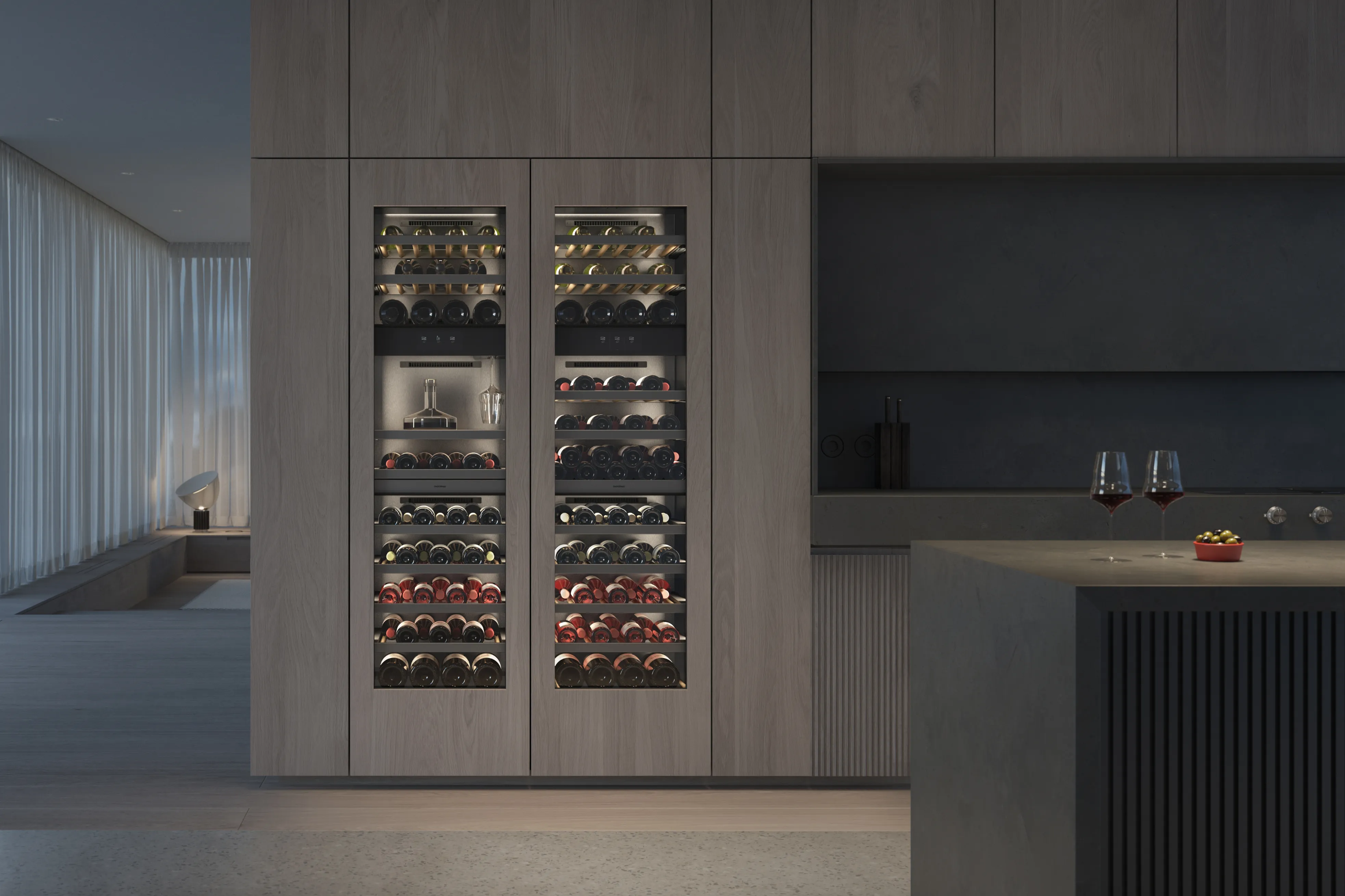 Two Gaggenau Vario cooling expressive series wine climate cabinets in a luxury kitchen