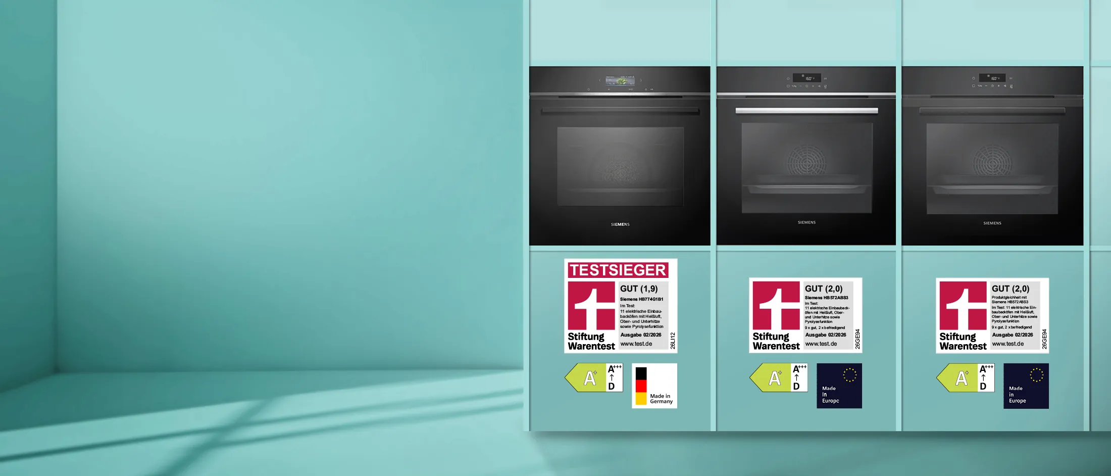 Siemens Einbaubacköfen: Ausgezeichnet von Stiftung Warentest mit Energieeffizienzklasse A+ und Made in Germany/Made in Europe Pictogramm