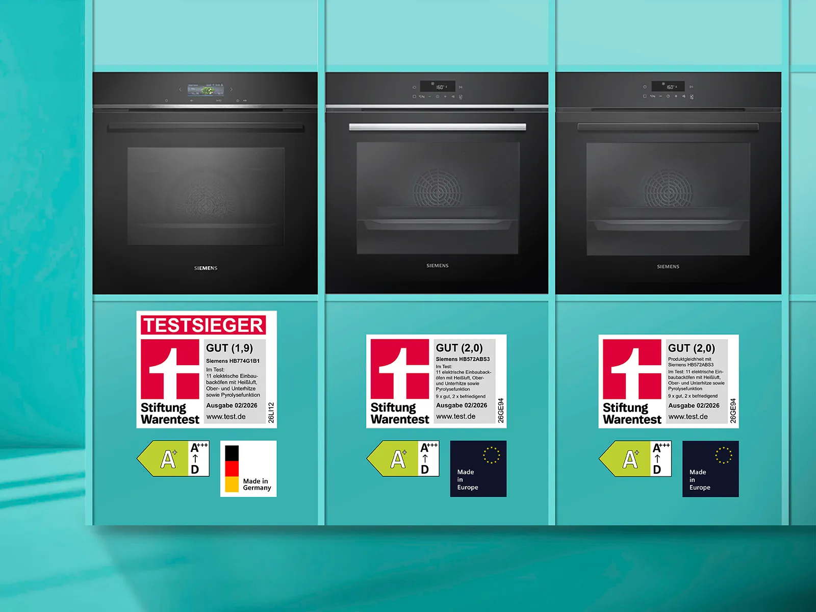 Siemens iQ700 Einbau Backöfen HB774G1B1, HB572ABS3 und HB272ABB3, Stiftung Warentest-Testsieger mit Energieeffizienzklasse A+