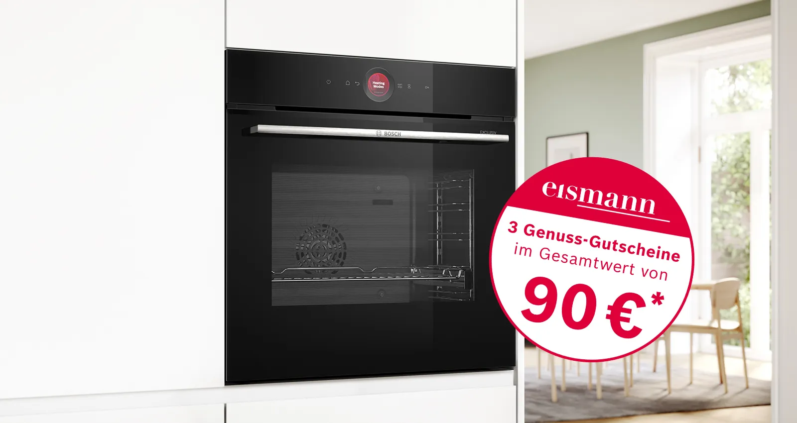 Schwarzer Backofen, Kücheneinrichtung, roter Geschenkgutschein, 90 Euro Wert, modernes Gerät.