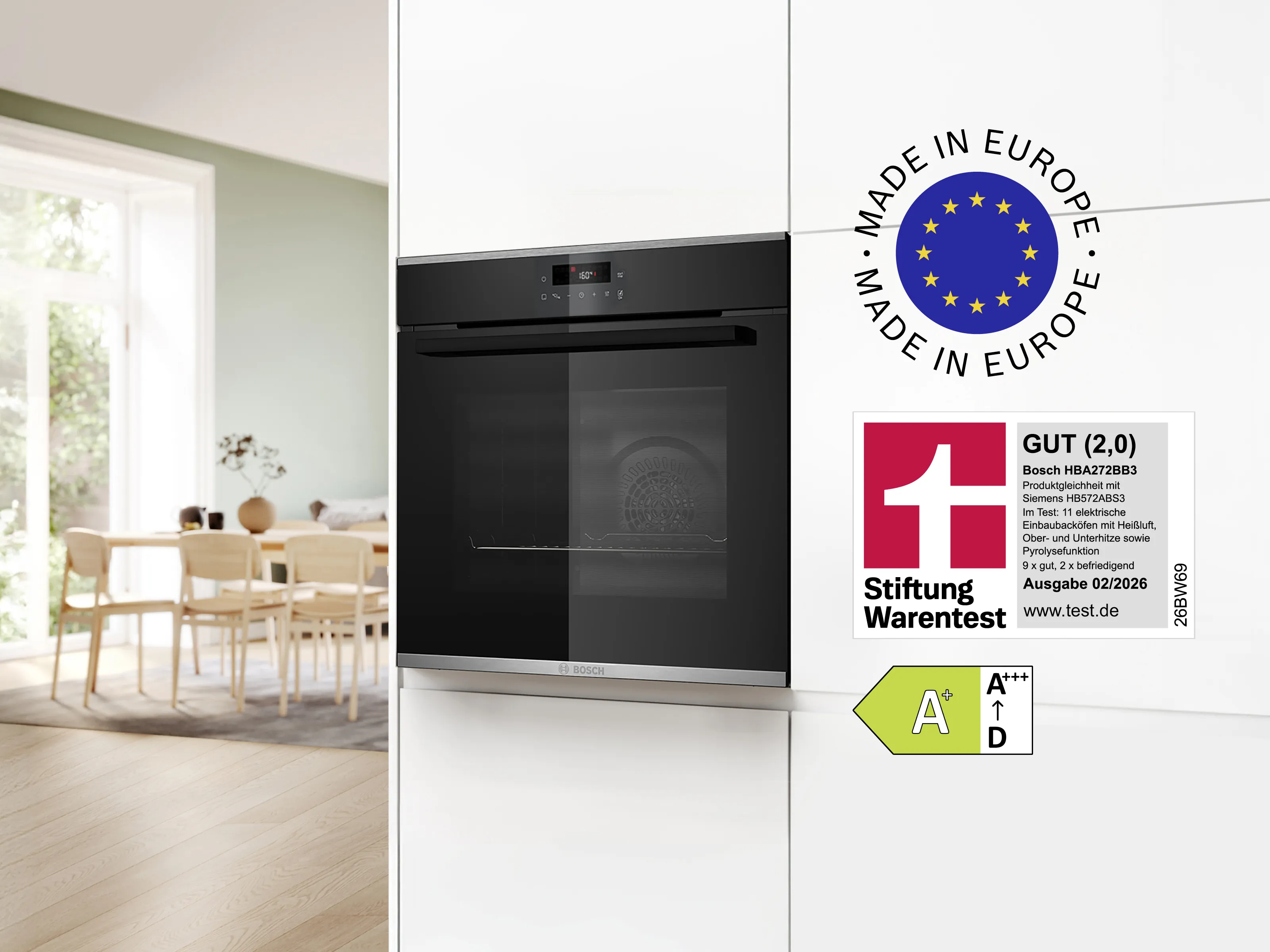 Ein Bosch Einbau-Backofen in einer hellen Küchenfront mit verschiedenen Logos zu Energielabel, Herstellung und Testurteil.