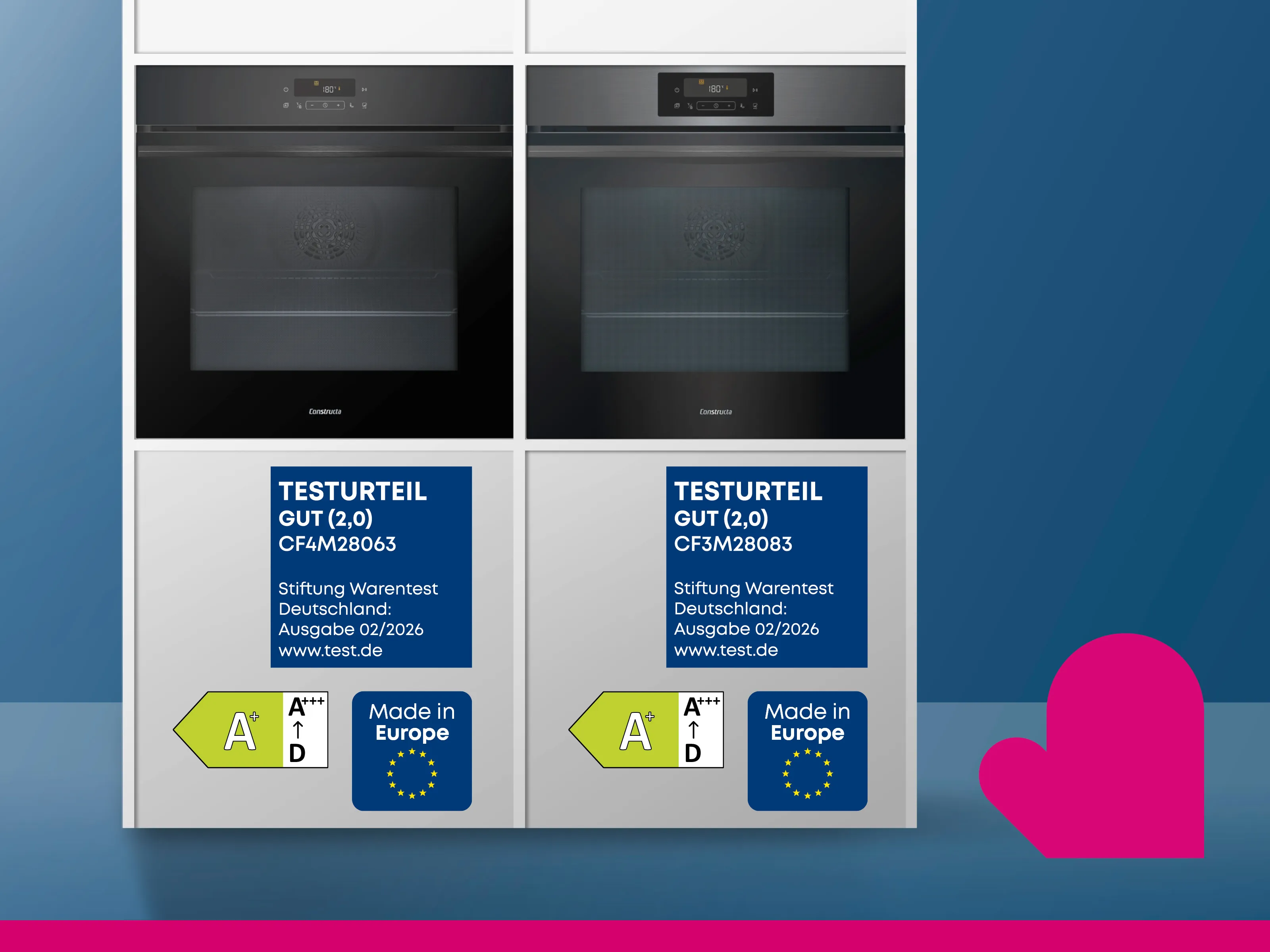 Zwei Constructa Backöfen mit Testlogos vor einem blauen Hintergrund.