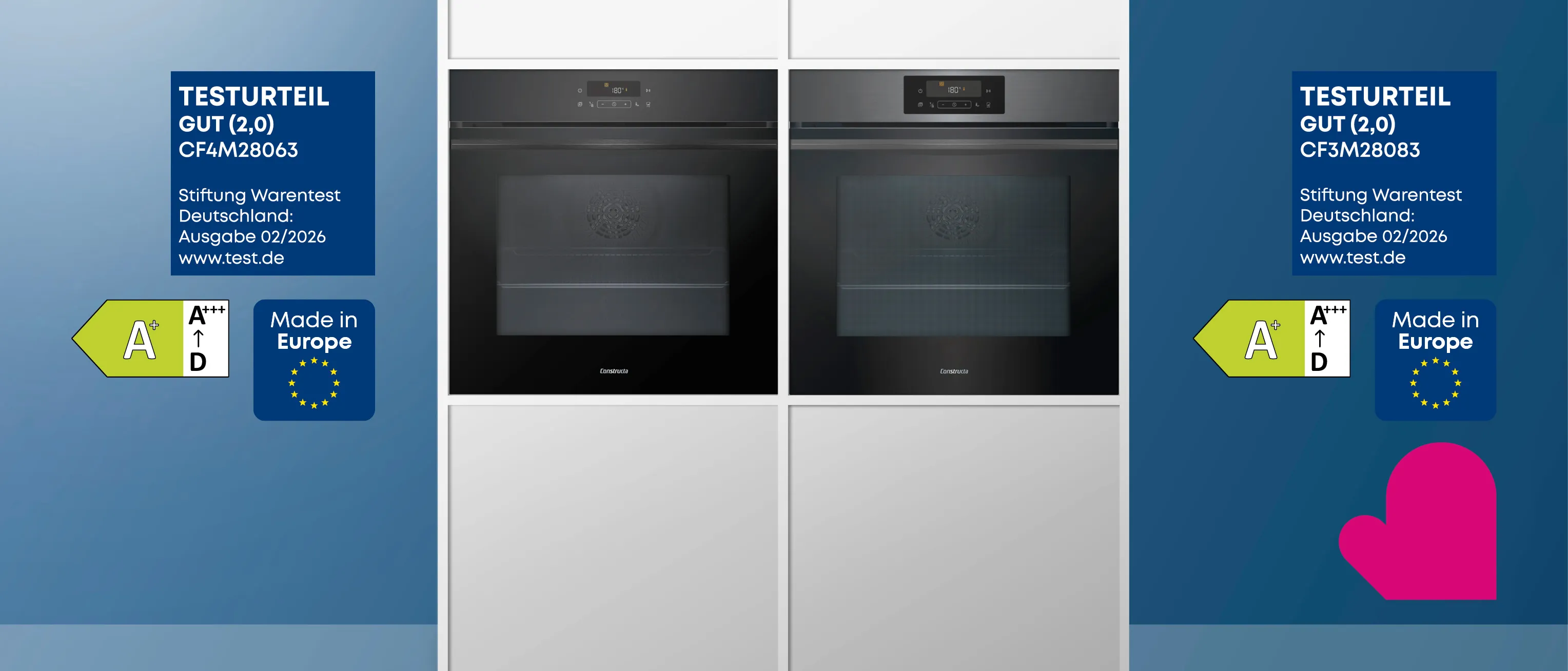 Zwei Constructa Einbau Backöfen in einer hellen Küchenfront mit Testlogos vor einem blauen Hintergrund.