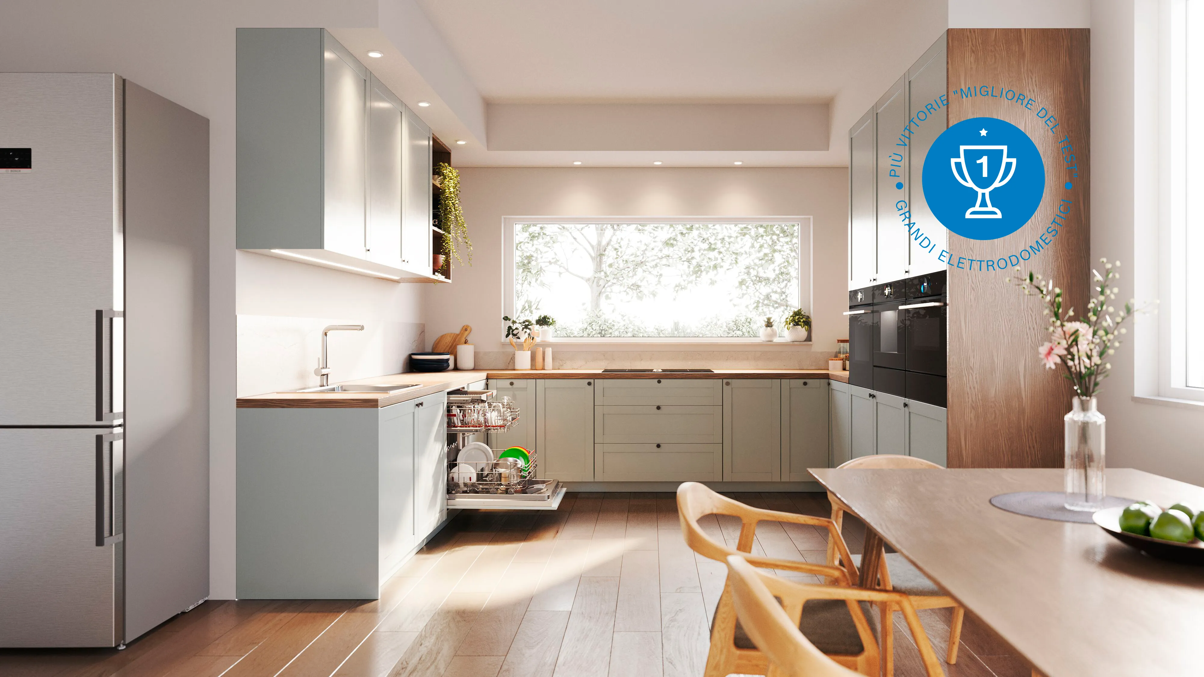 Cucina moderna con elettrodomestici da incasso e bollino in sovraimpressione "Più vittorie migliore del test, grandi elettrodomestici"