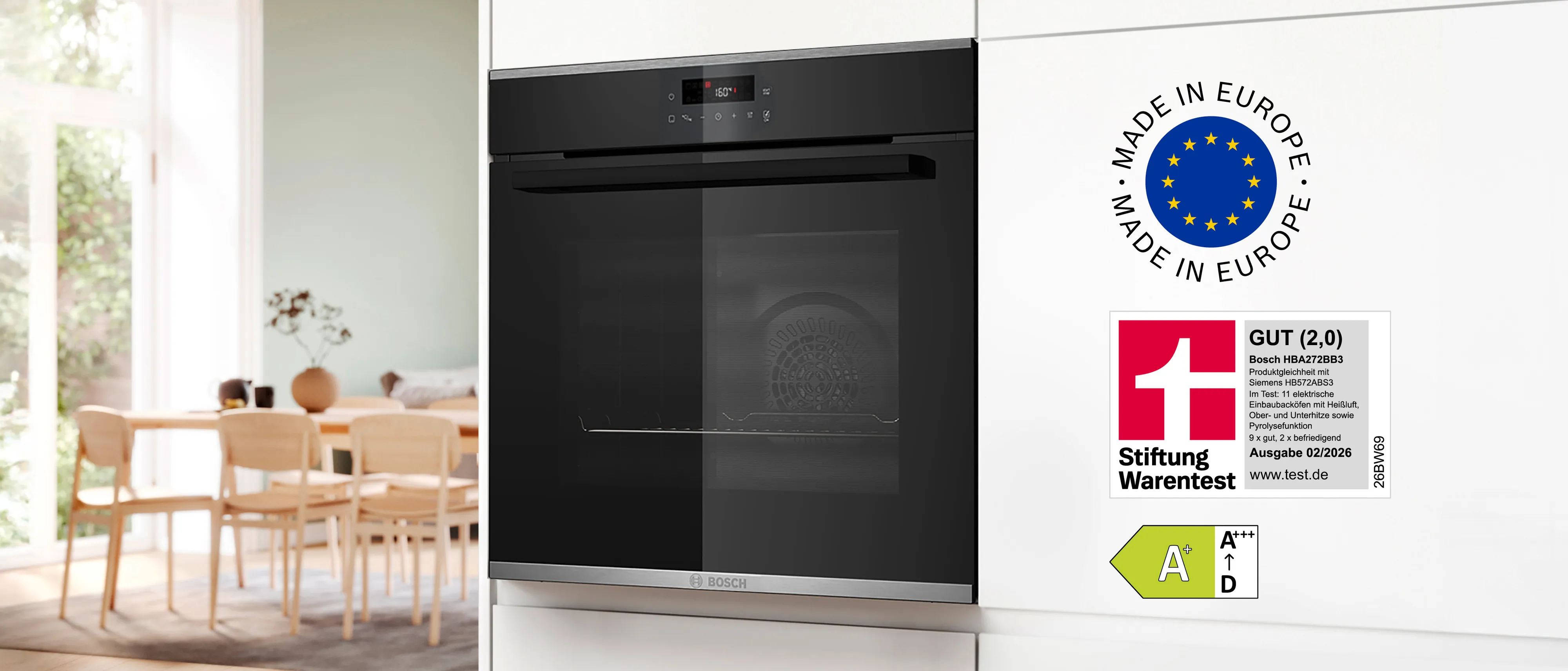 Ein Bosch Einbau-Backofen in einer hellen Küchenfront mit Logos zu Testurteil und Herstellungsort.