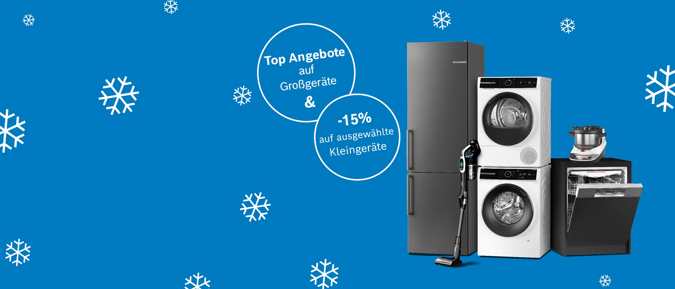 Haushaltsgeräte auf blauem Hintergrund mit Schneeflocken und dem Hinweis, dass es Top-Angebote Bosch Online Shop gibt 