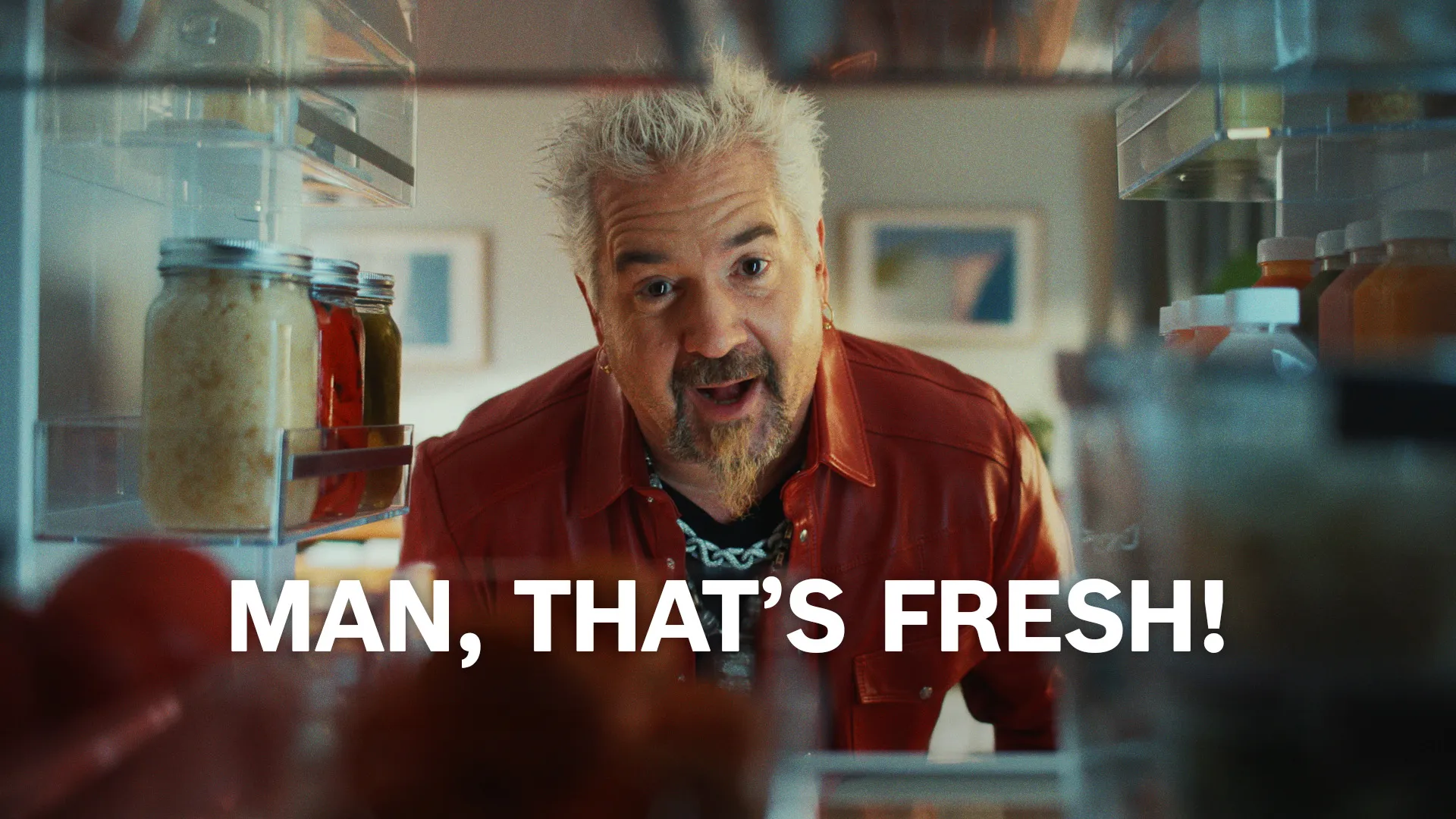 Guy Fieri with opened bosch refrigerator - 'man that's fresh!'
