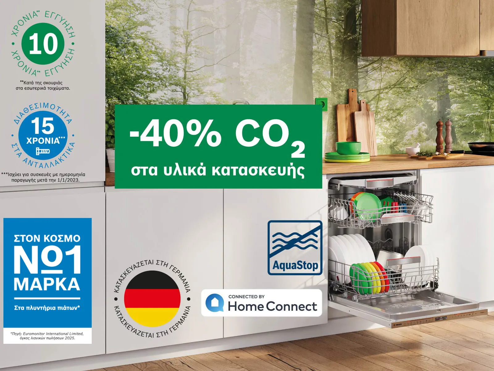 Ένα πλυντήριο πιάτων εντοιχιζόμενο σε μια κουζίνα που έχει για φόντο ένα δάσος, την φύση.