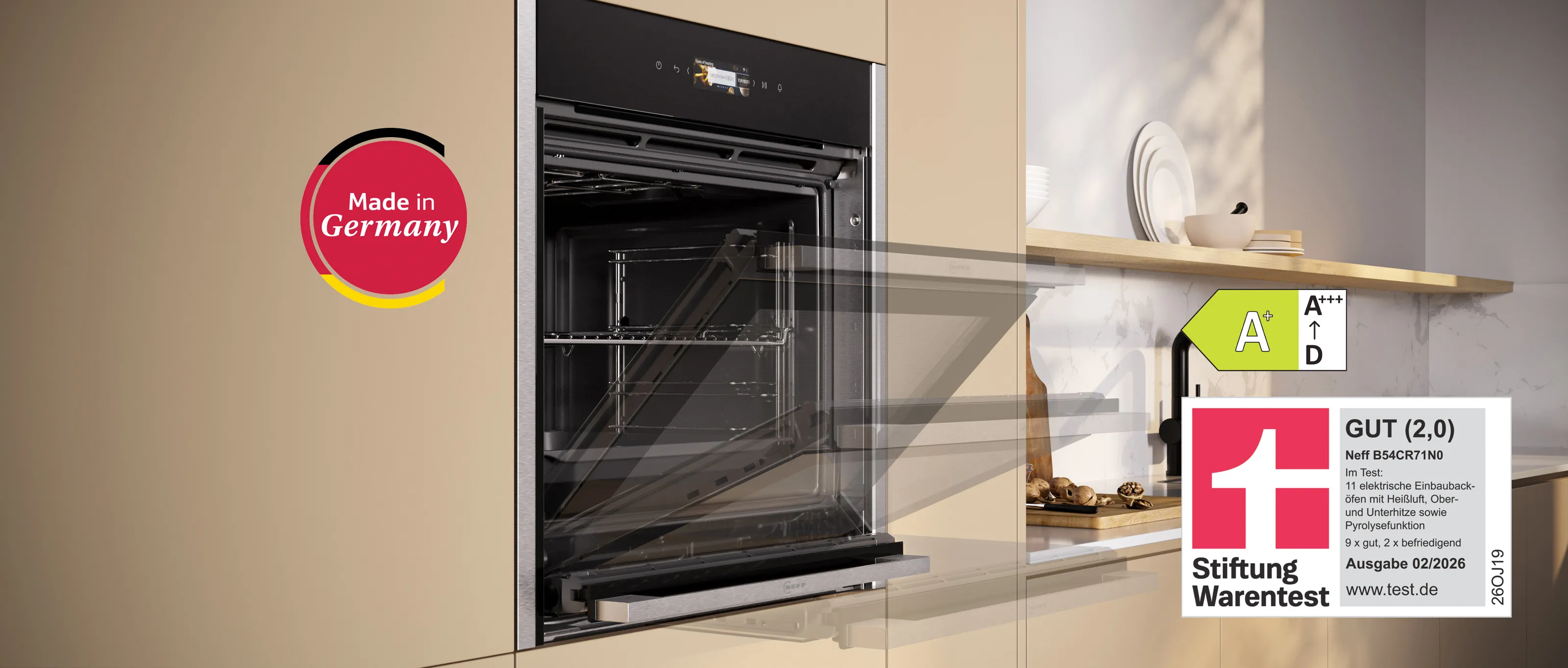 NEFF Einbaubackofen B54CR71N0 mit Stiftung Warentest, Energieeffizienzklasse und Made in Germany