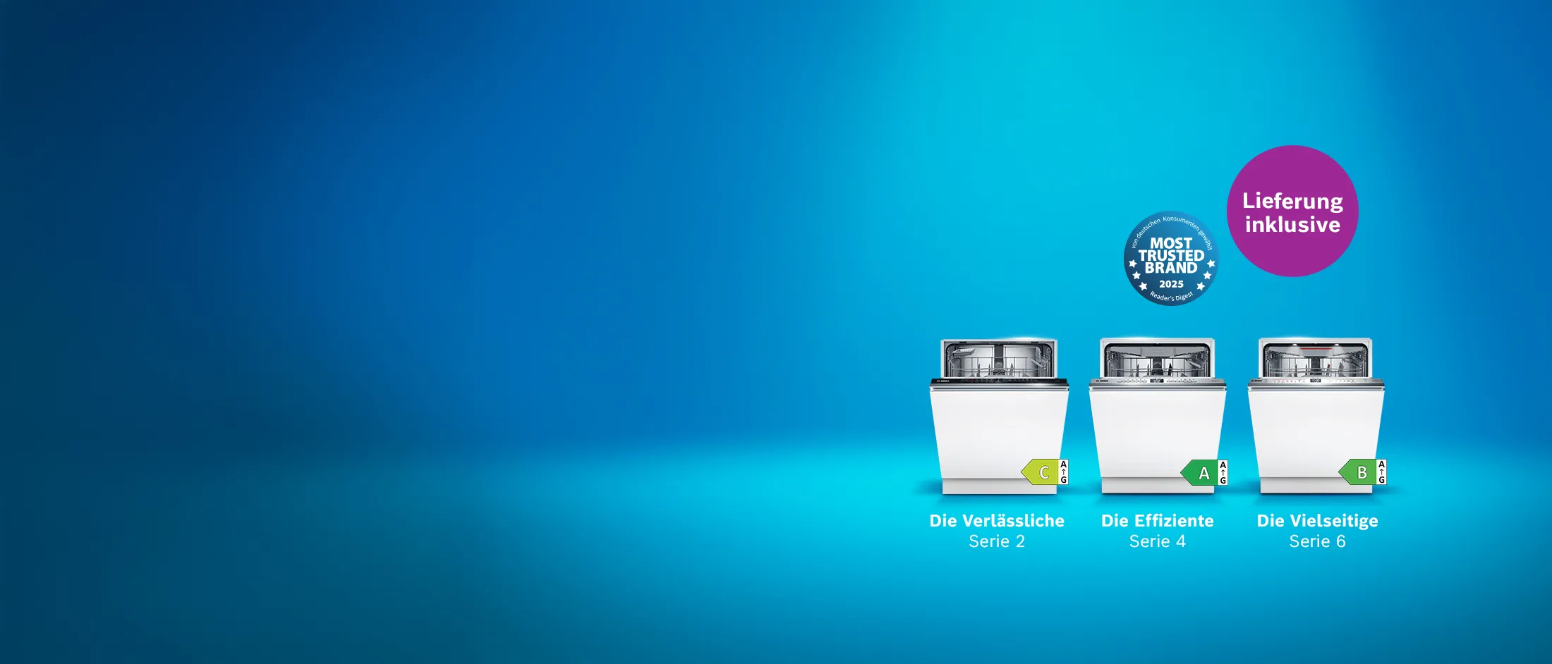 Blauer Hintergrund, auf dem drei Bosch Spülmaschinen zu sehen sind und der Hinweis auf kostenlose Lieferung jetzt im Online Shop