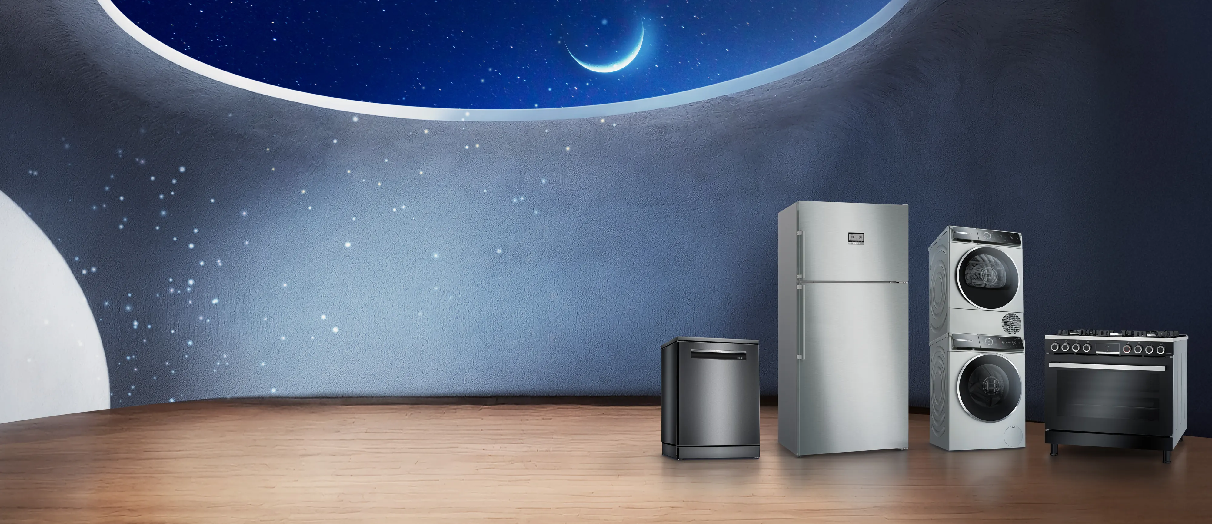 Bosch Ramadan banner with dishwasher, refrigerator, stacked washer/dryer and gas range under a crescent moon; slogan "Light up your Ramadan with BOSCH.