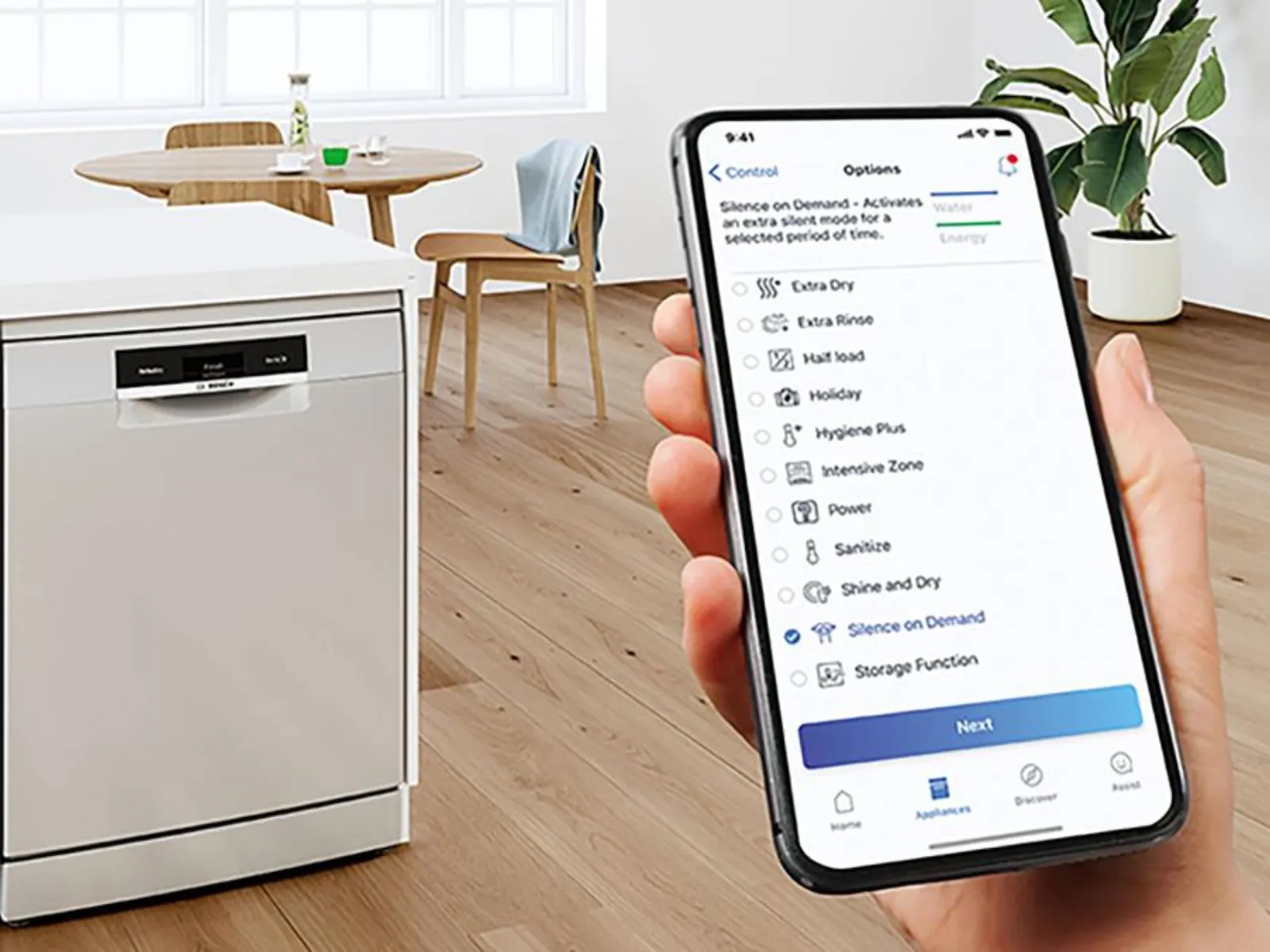 Bosch Home Connect App steuert einen Geschirrspüler, bietet verschiedene Programmoptionen für optimale Reinigung