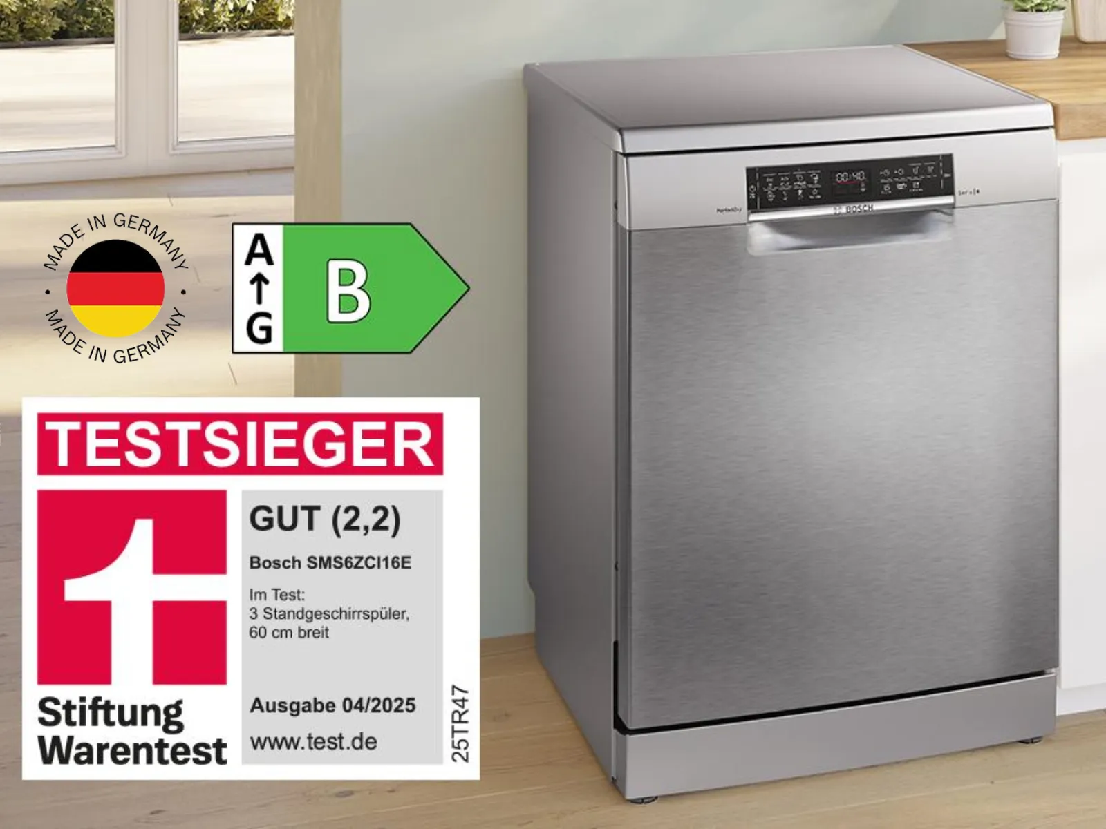 Der Serie 6 teilintegrierte Geschirrspüler SMS6ZCI16E von Bosch glänzt mit Gesamtnote GUT (2,2).