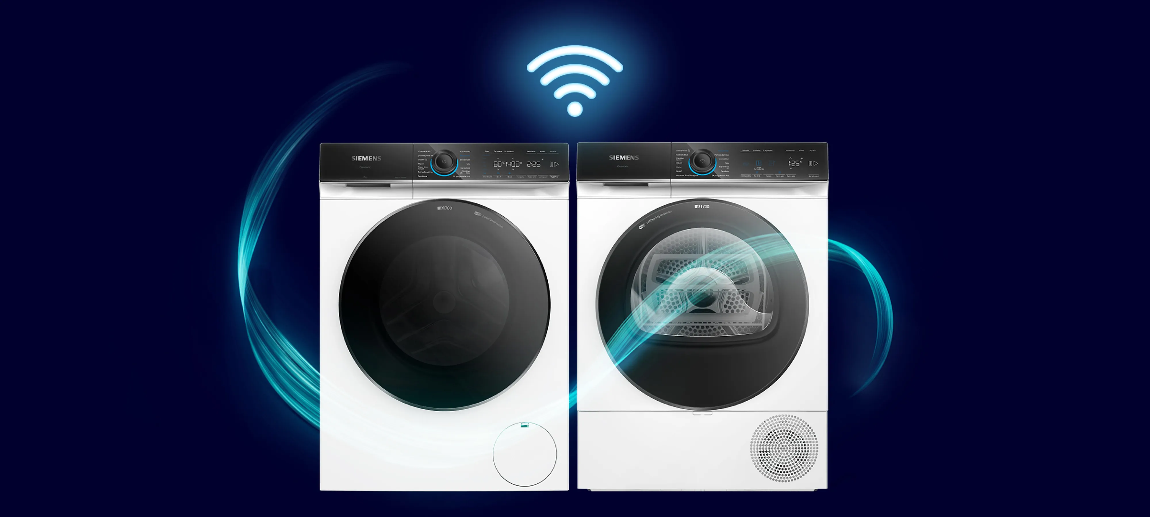 Koyu mavi arka plan üzerinde, yan yana duran iki Siemens çamaşır ve kurutma makinesi, Wi-Fi sembolü ve etraflarındaki parlayan mavi çizgilerle akıllı bağlantıyı vurguluyor.