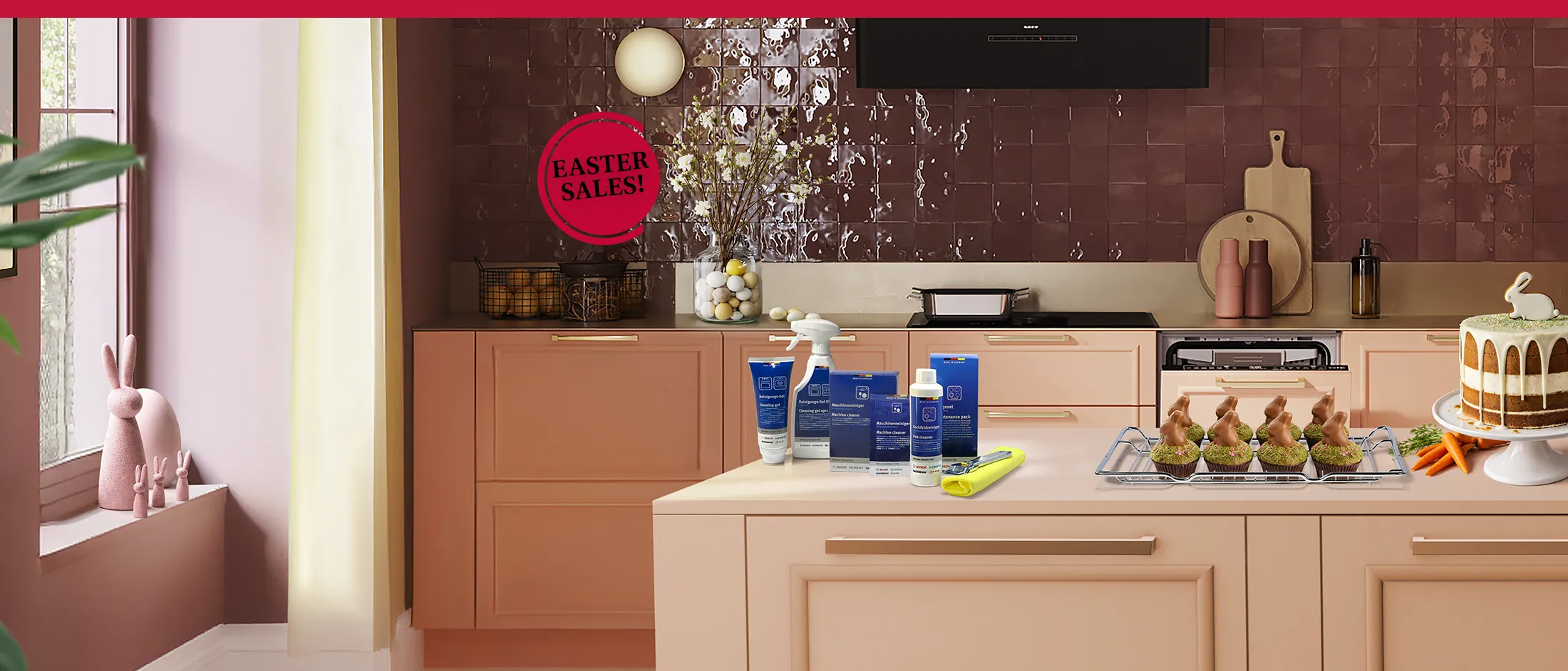 A countertop displays various cleaning products alongside a playful arrangement of decorative bunnies. "Easter Sales!" banner featured.