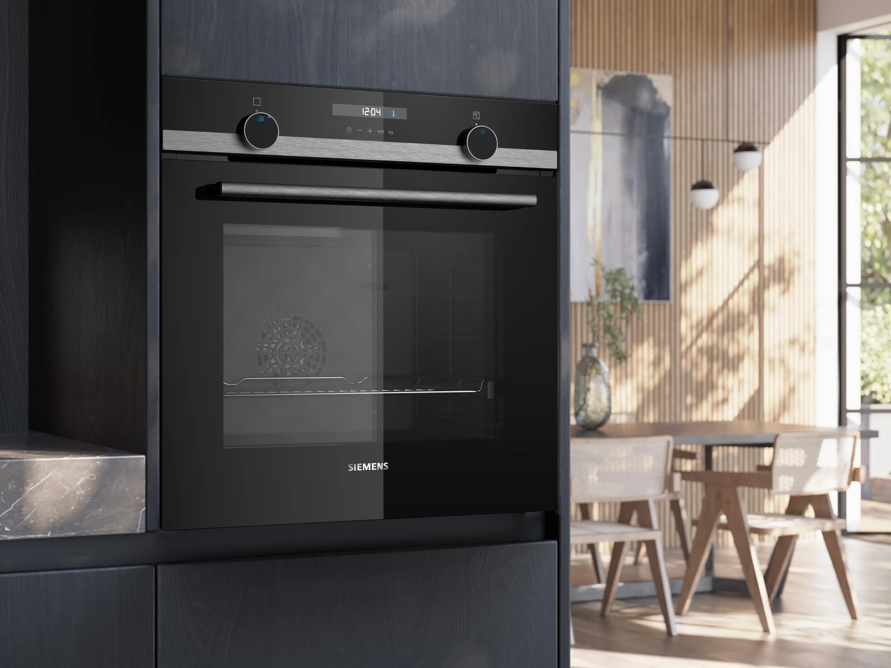 Nowoczesna kuchnia z wbudowanymi urządzeniami Siemens i minimalistycznym designem.