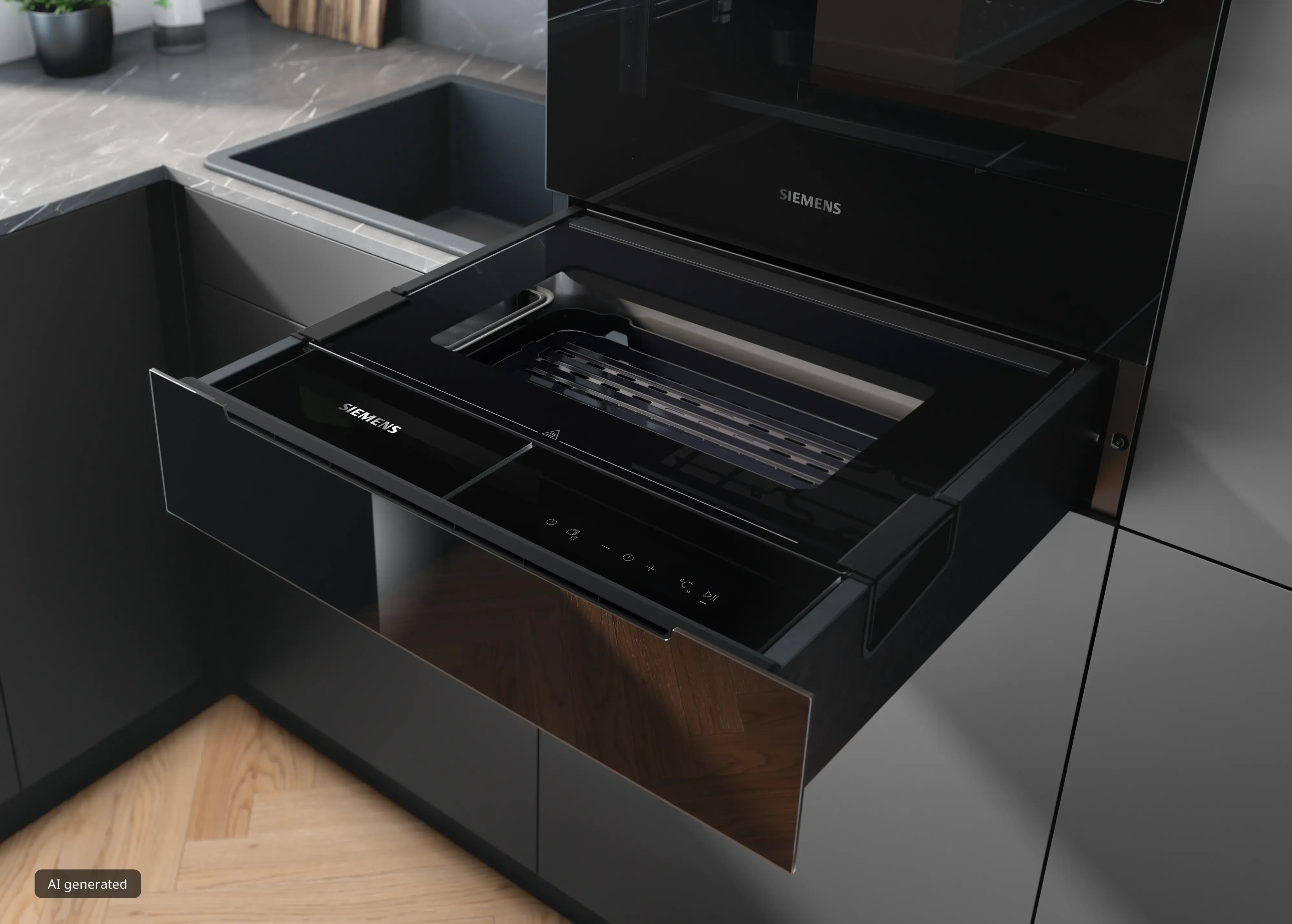 Siemens stoomlade, strak ingebouwd onder een inbouw oven