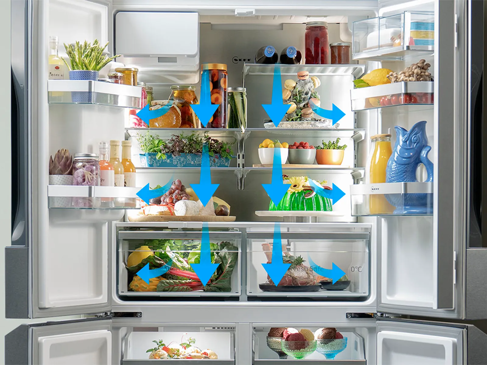 Open NEFF MultiDoor fridge with evenly distributed airflow arrows showing consistent cooling across shelves and drawers.