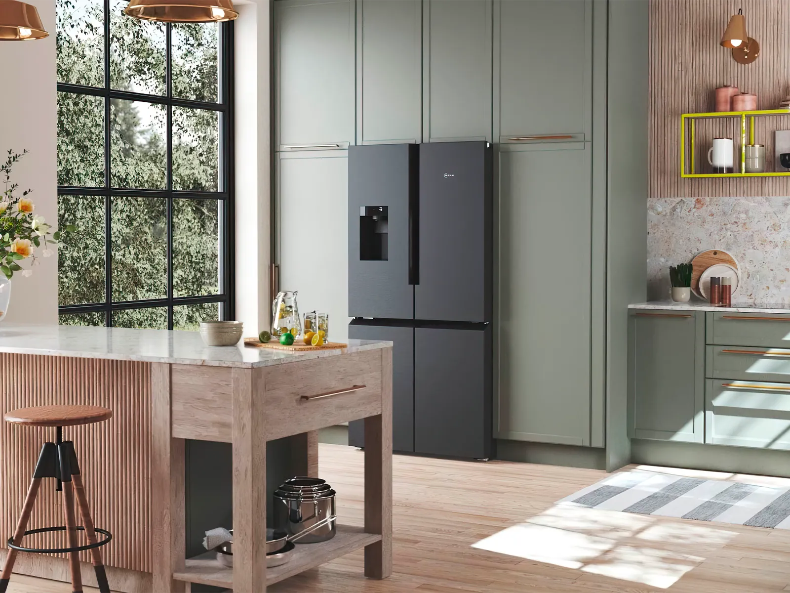 Modern kitchen with a NEFF MultiDoor refrigerator, kitchen island, and soft green cabinetry.