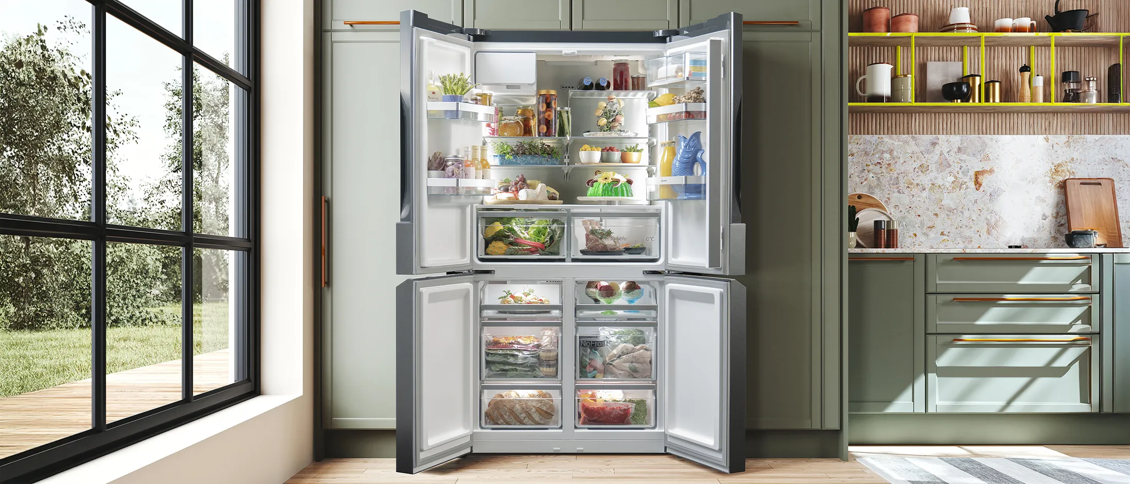 Open Multi Door refrigerator in a modern kitchen, neatly stocked with fresh food and drinks.