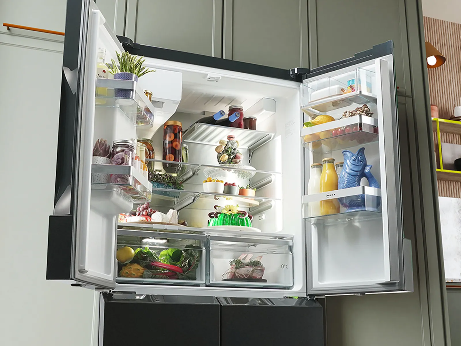Open NEFF MultiDoor refrigerator with bright interior lighting and neatly arranged food on shelves and door bins.