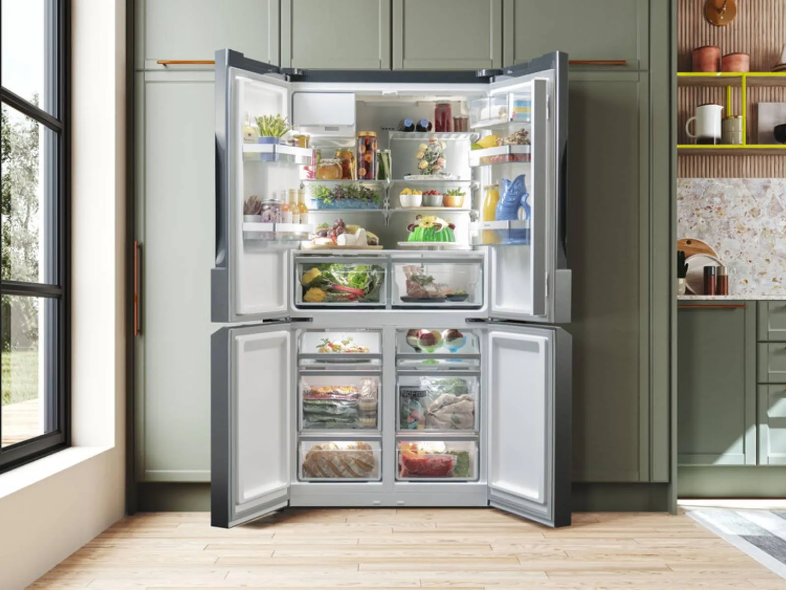 French Door Kühlschrank mit Doppeltüren, gefüllt mit frischen Lebensmitteln, Getränken und Mahlzeiten, platziert in einer stilvollen Küche mit natürlichem Lichteinfall.