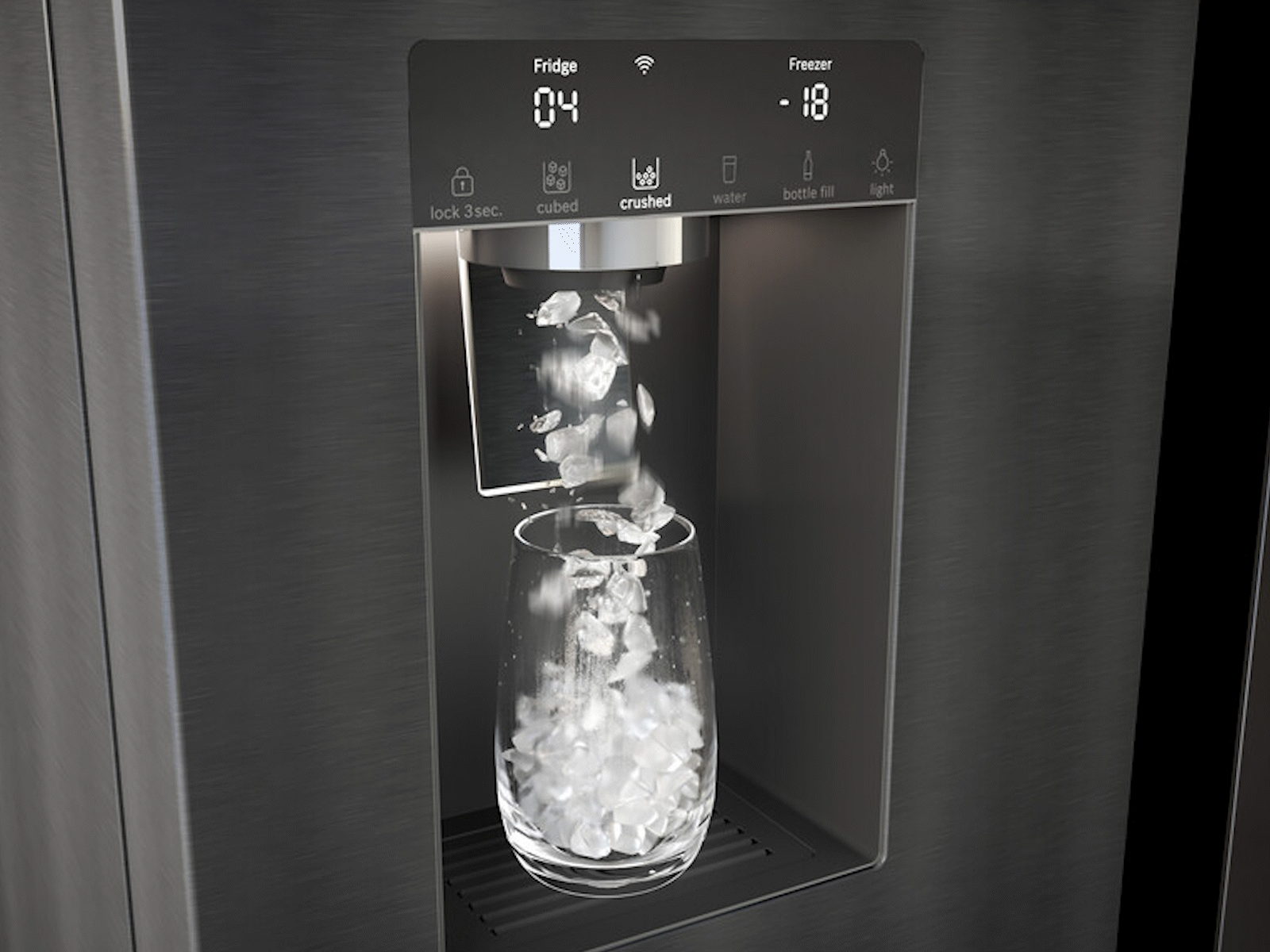 A modern refrigerator's ice dispenser fills a clear glass with cubed ice.