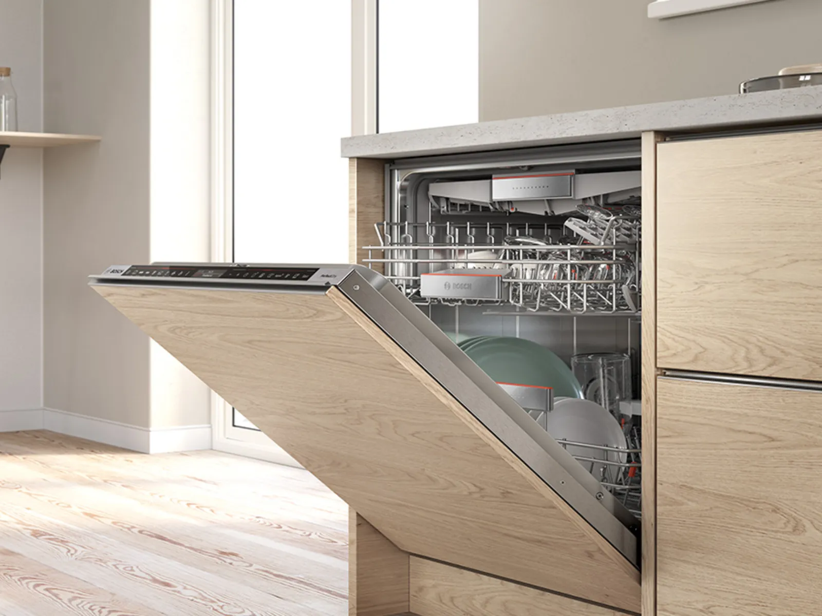 מדיח כלים משולב לגמרי בארון עץ.